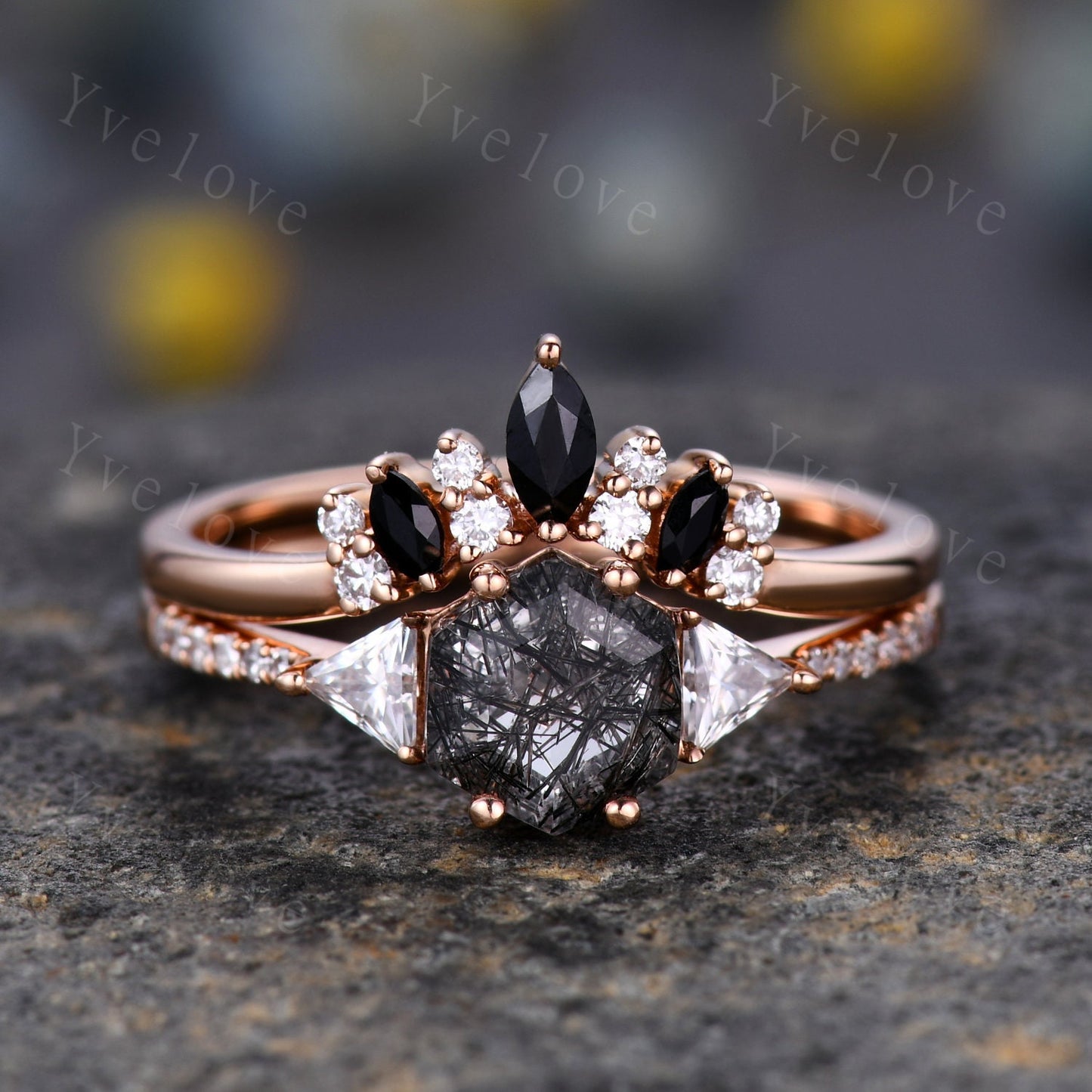 Hexagon Cut Black Rutilated Quartz Engagement Ring,Vingate Bridal Ring,925 Silver,Gothic Ring,Anniversary Wedding Ring Birthday Gift for Her