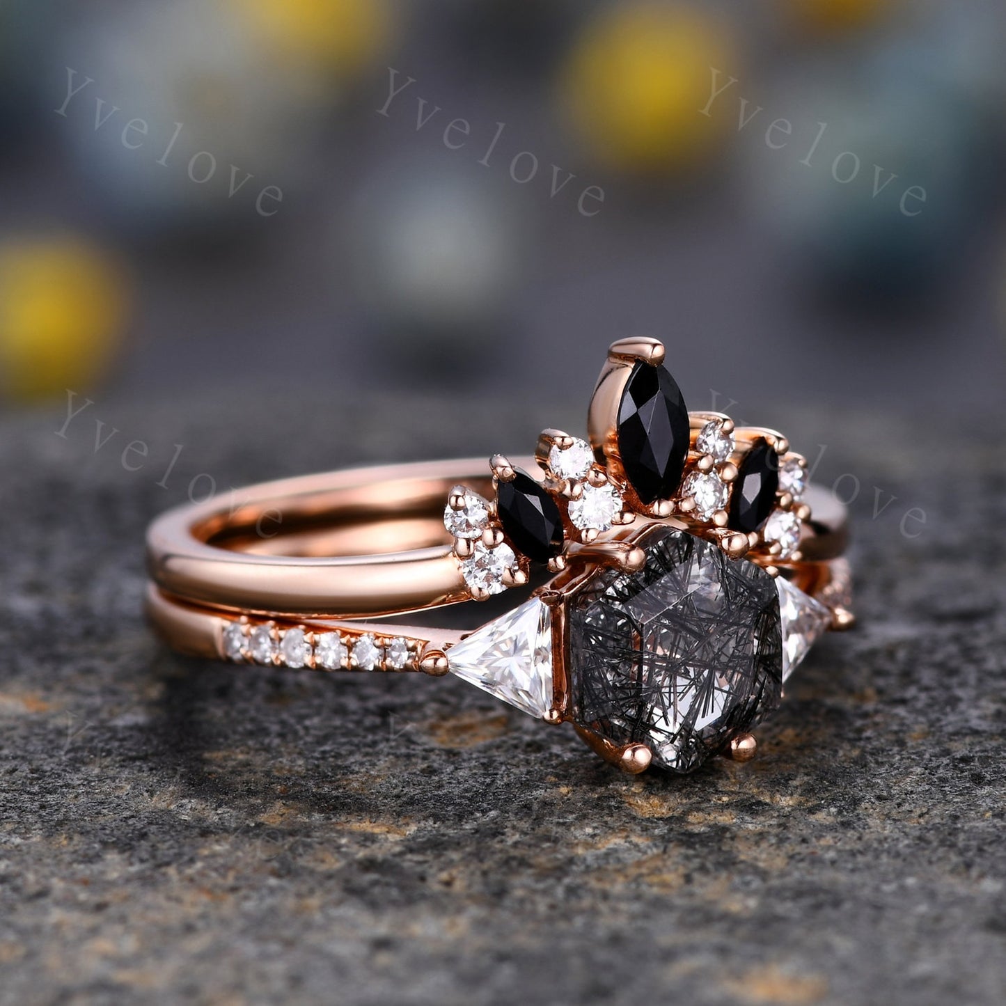 Hexagon Cut Black Rutilated Quartz Engagement Ring,Vingate Bridal Ring Set,Three Stone Engagement Ring,Anniversary Birthday Gift for Her