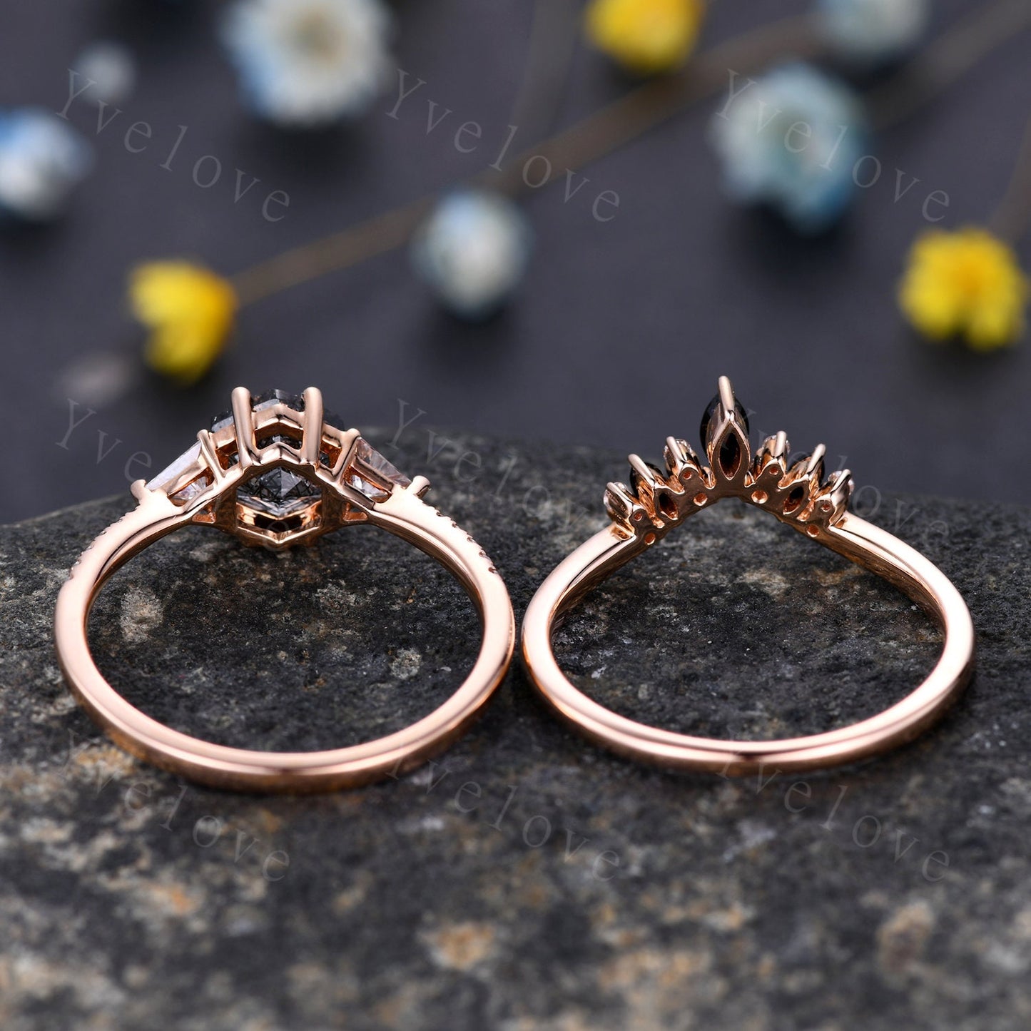 Hexagon Cut Black Rutilated Quartz Engagement Ring,Vingate Bridal Ring Set,Three Stone Engagement Ring,Anniversary Birthday Gift for Her