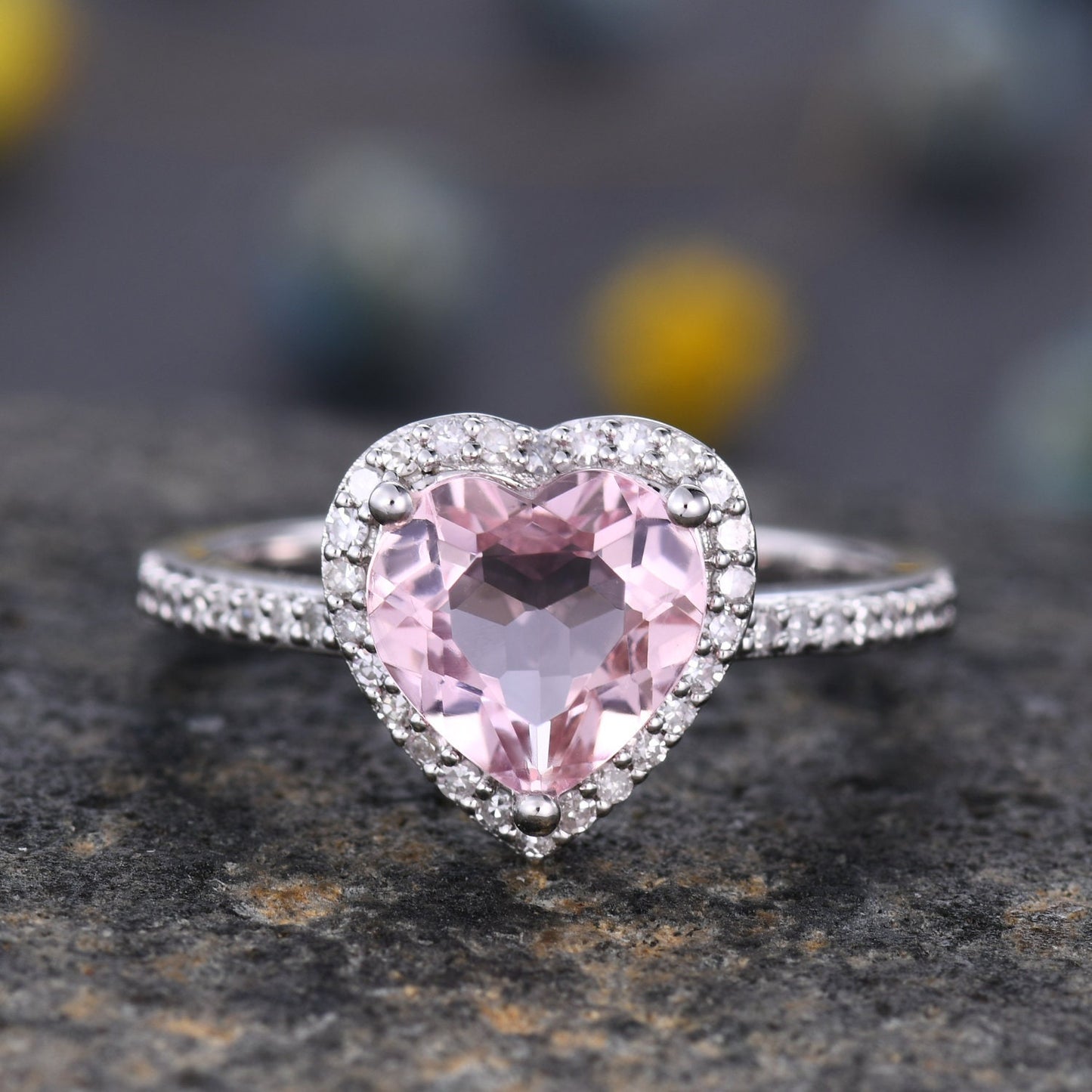 Morganite engagement ring pink morganite ring 8mm heart shape natural gemstone ring diamond ring diamond wedding band solid 14k rose gold