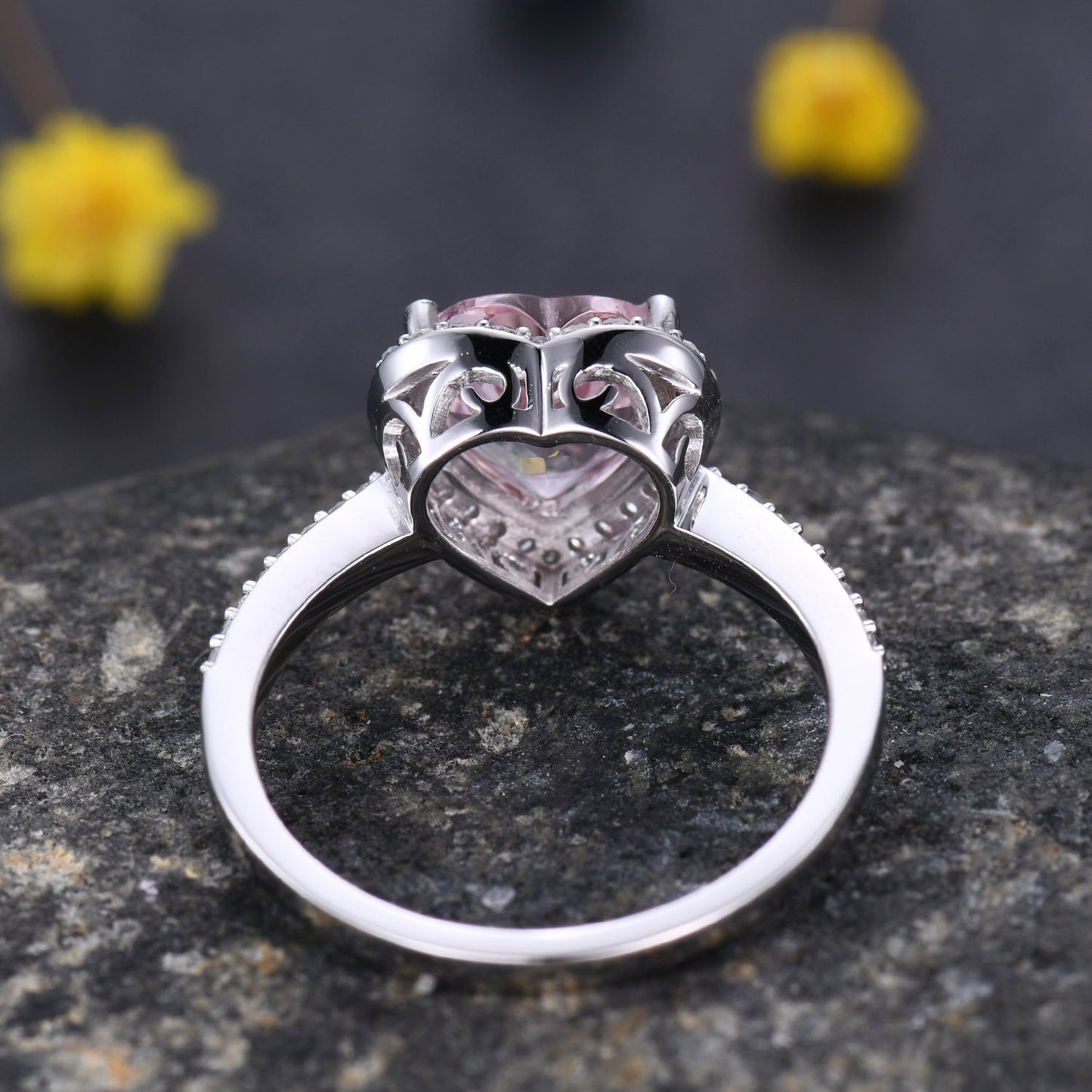 Morganite engagement ring pink morganite ring 8mm heart shape natural gemstone ring diamond ring diamond wedding band solid 14k rose gold