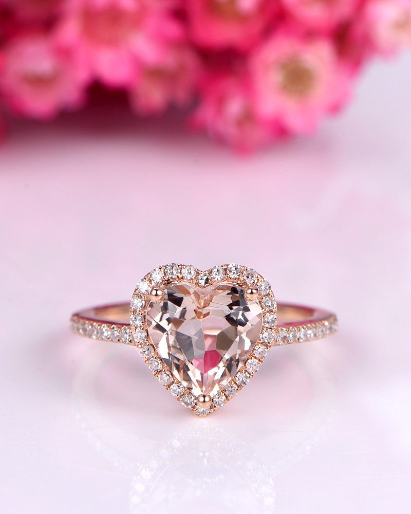 8mm Heart Shape Morganite Engagement Ring Pink Morganite Ring  Natural Gemstone Ring Diamond Ring Diamond Wedding Band Solid 14k White Gold