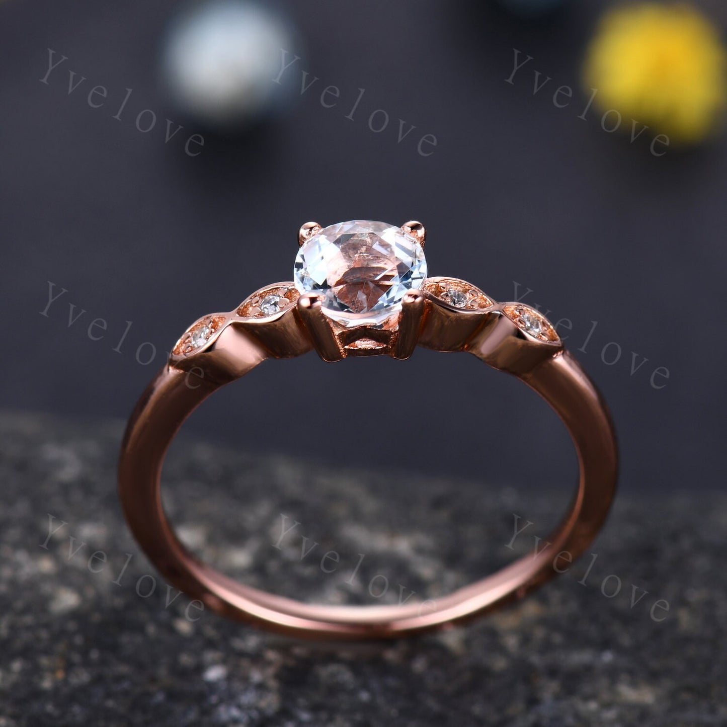 Danity blue topaz engagement ring 5mm round cut topaz 14k/18k rose gold art deco diamond wedding band bridal promise ring gift for her