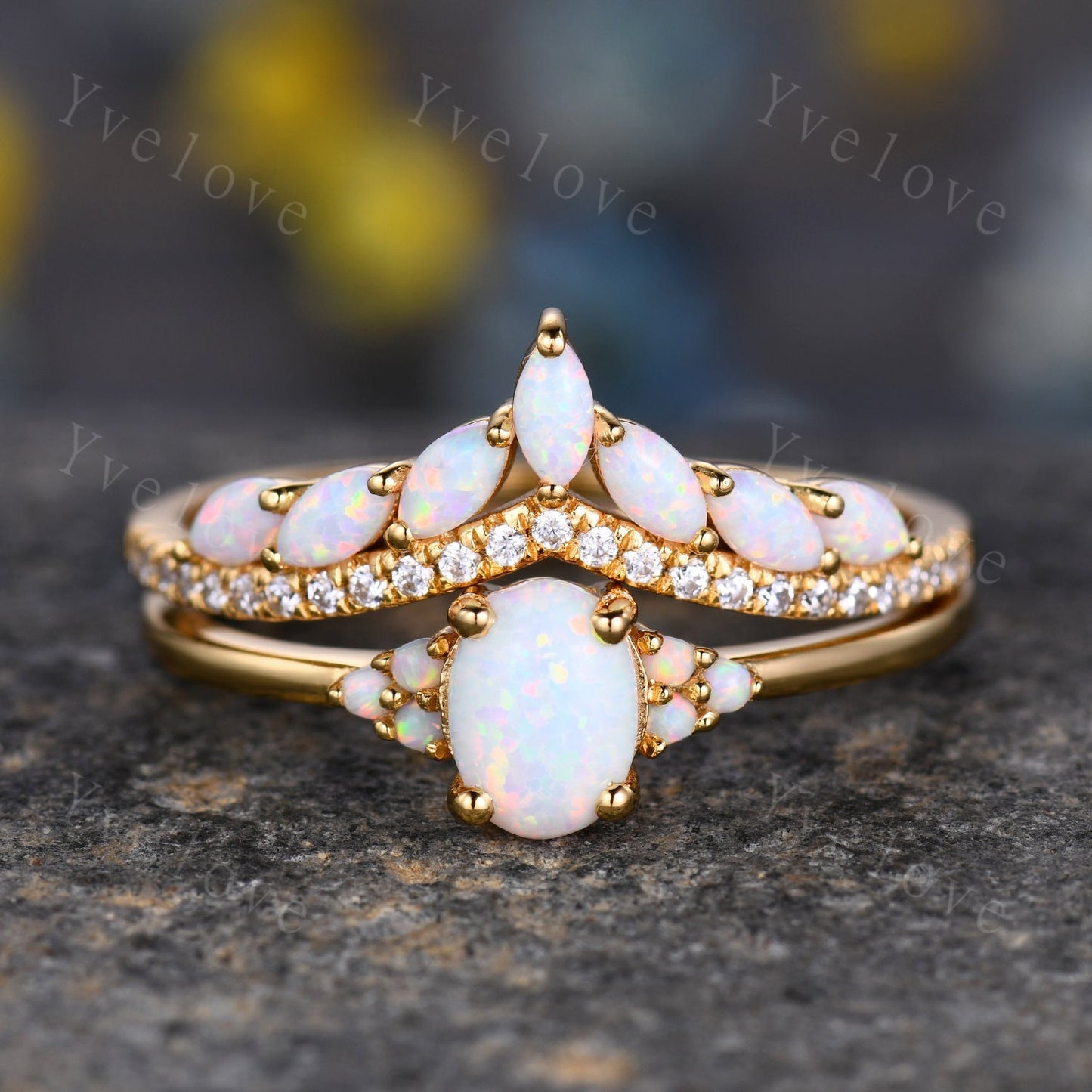 Opal Engagement Ring Set,Opal Rings for Women,Yellow Gold Opal Engagement Ring, Opal Wedding Ring Set, Multi-Gemstone Ring,Statement Ring