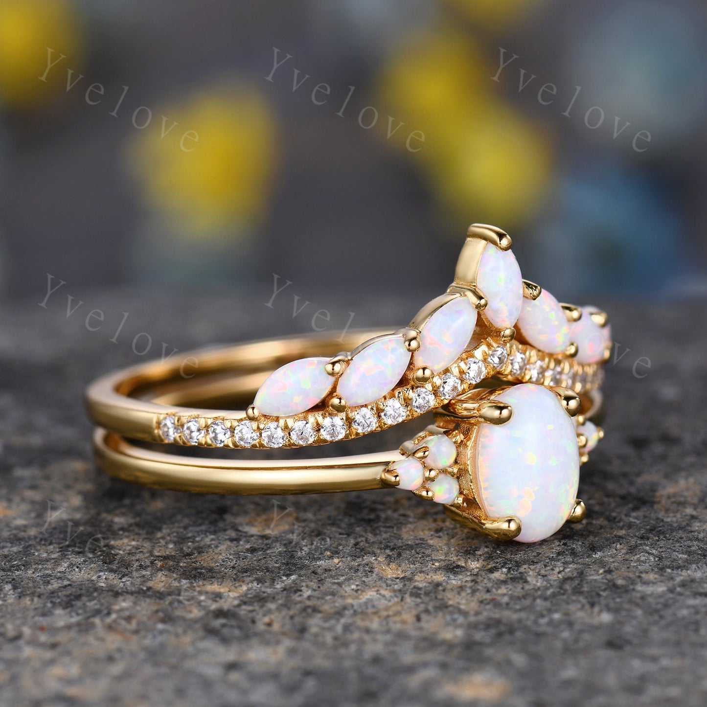Opal Engagement Ring Set,Opal Rings for Women,Yellow Gold Opal Engagement Ring, Opal Wedding Ring Set, Multi-Gemstone Ring,Statement Ring