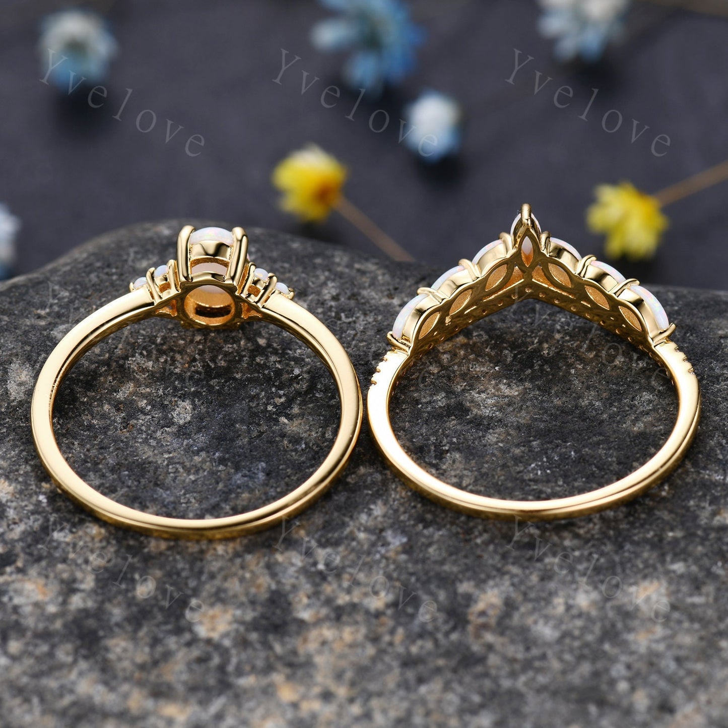 Opal Engagement Ring Set,Opal Rings for Women,Yellow Gold Opal Engagement Ring, Opal Wedding Ring Set, Multi-Gemstone Ring,Statement Ring