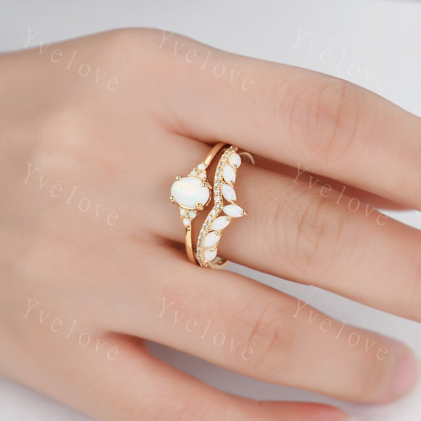 Opal Engagement Ring Set,Opal Rings for Women,Yellow Gold Opal Engagement Ring, Opal Wedding Ring Set, Multi-Gemstone Ring,Statement Ring