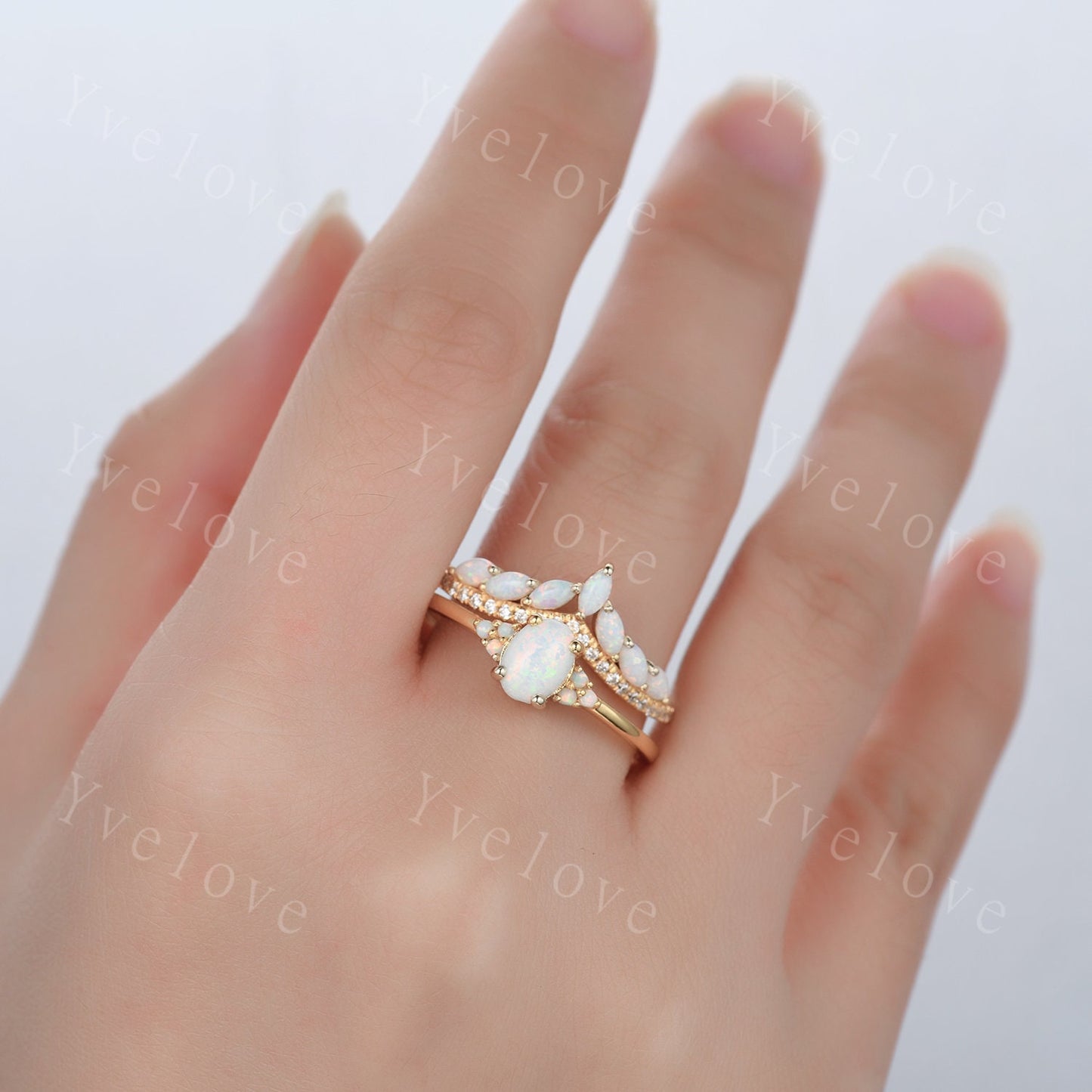 Opal Engagement Ring Set,Opal Rings for Women,Yellow Gold Opal Engagement Ring, Opal Wedding Ring Set, Multi-Gemstone Ring,Statement Ring