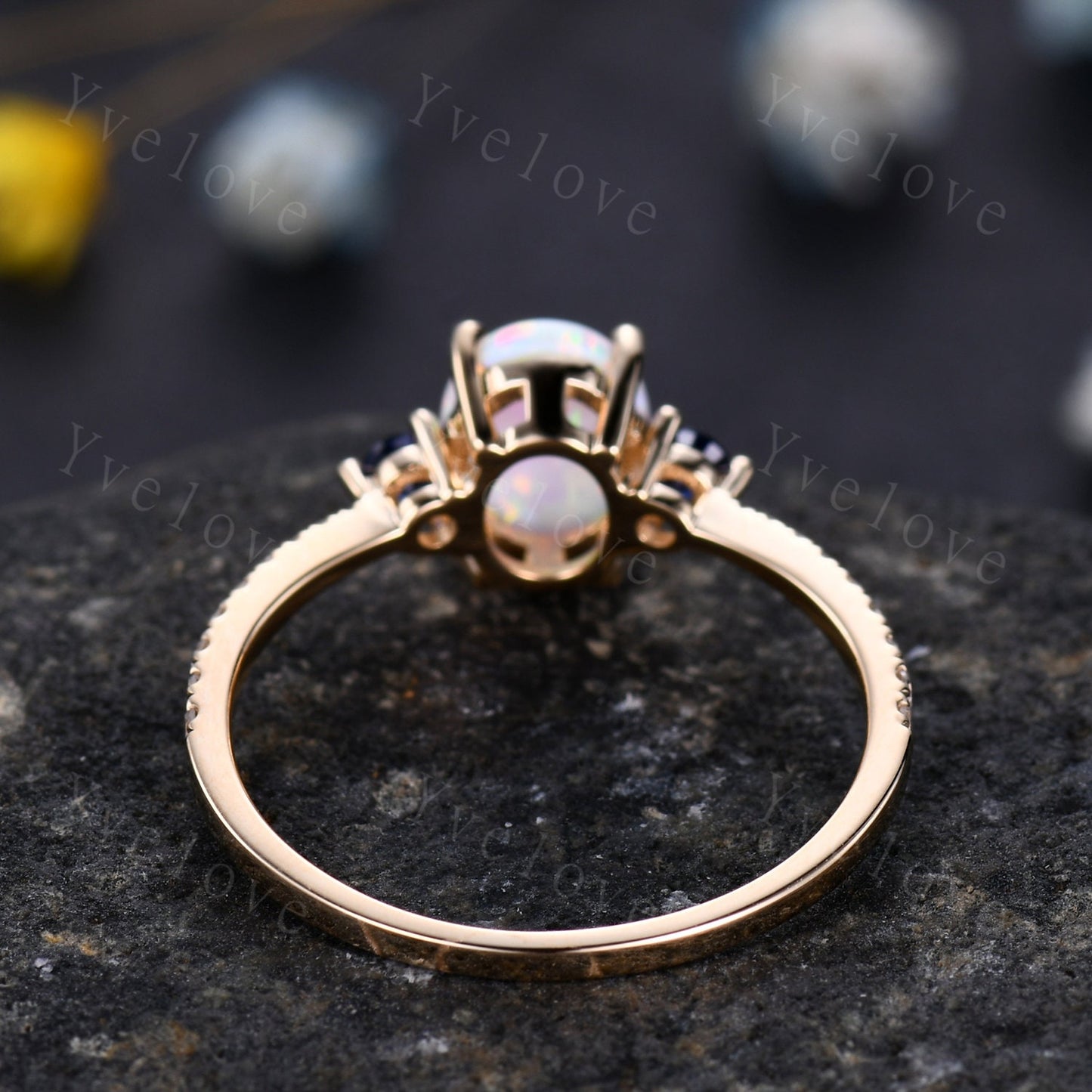 Danity Opal Engagement Ring Set Blue Sapphire Diamond Matching Band Women Bridal Wedding Ring Set Yellow Gold Anniversary Promise Jewelry