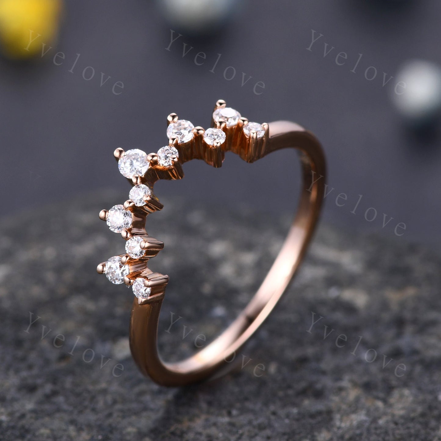 Moissanite Wedding Band Curved Wedding Band Sterling Silver  Dainty Curved Stacking Band Unique Wedding Ring Chevron Ring Anniversary Band