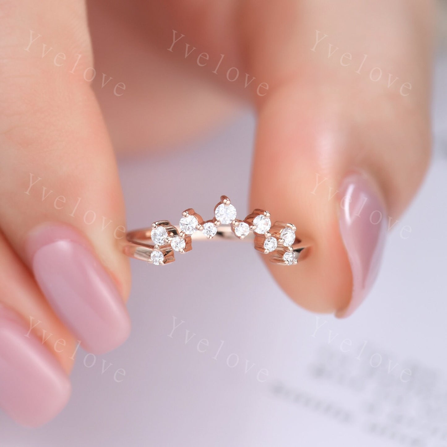 Moissanite Wedding Band Curved Wedding Band Sterling Silver  Dainty Curved Stacking Band Unique Wedding Ring Chevron Ring Anniversary Band