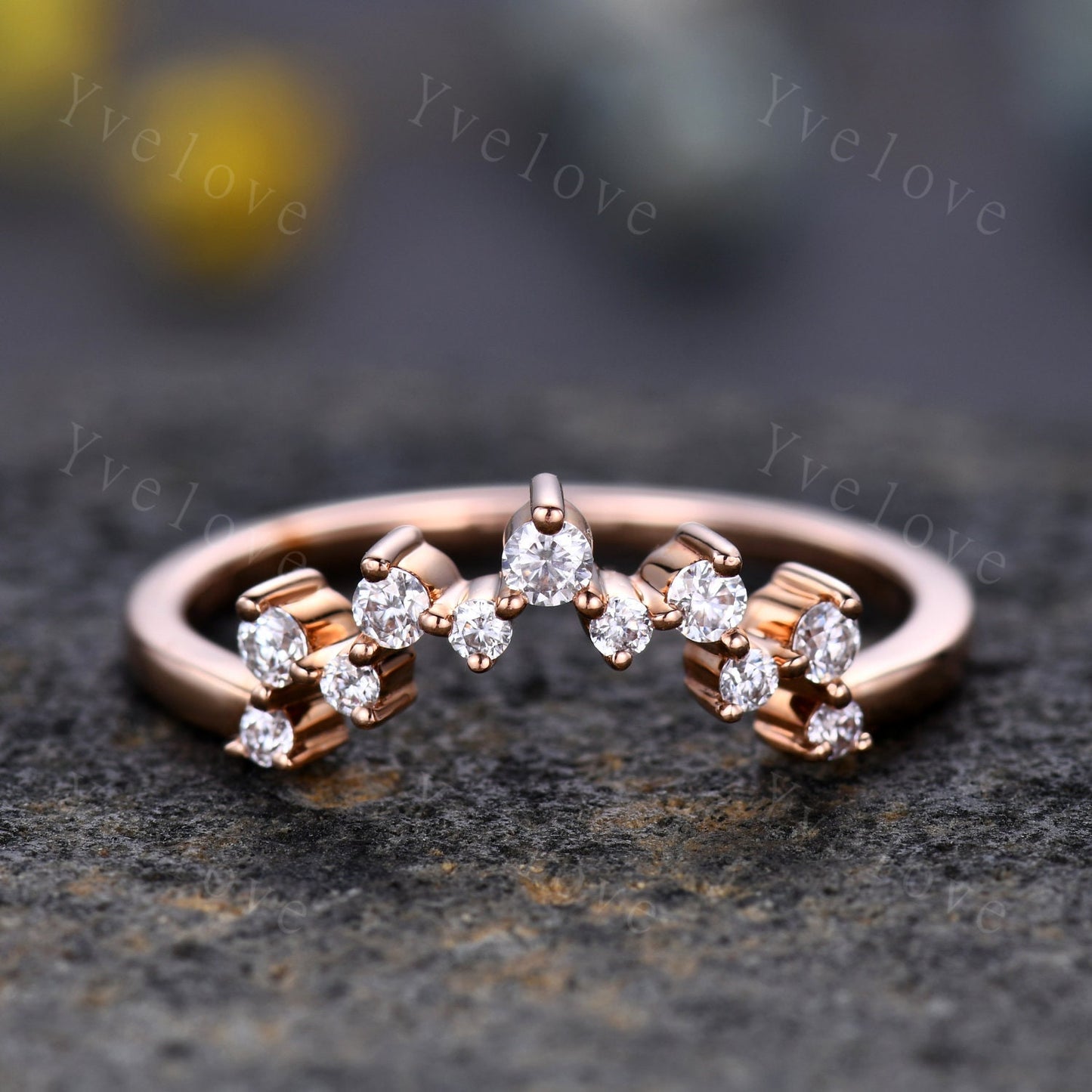 Moissanite Wedding Band Curved Wedding Band Sterling Silver  Dainty Curved Stacking Band Unique Wedding Ring Chevron Ring Anniversary Band