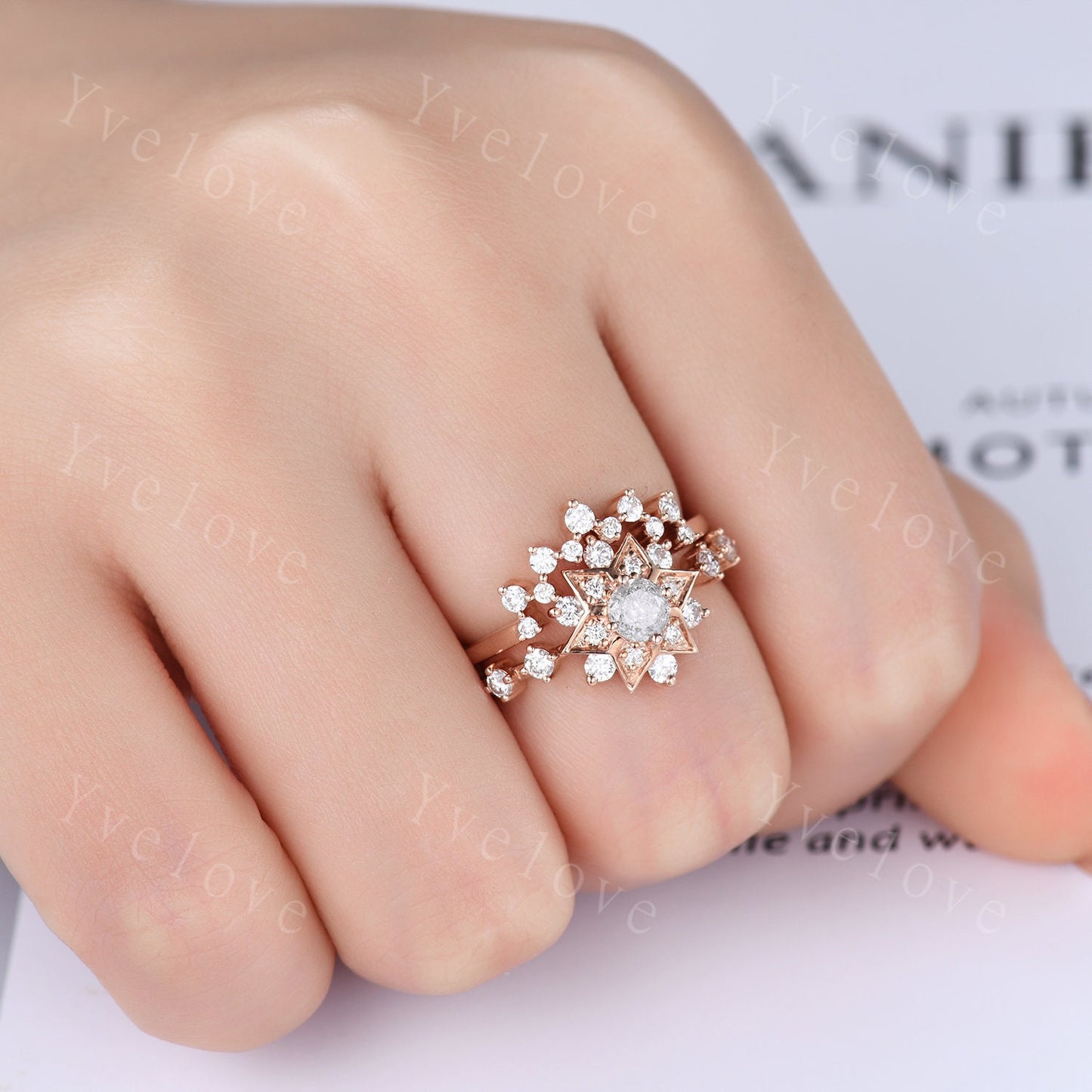 Starry Ring Set,Salt and Pepper Diamond Engagement Ring,Romantic Bridal Promise Rings,Grey Diamond Ring,Moissanite Ring Set,Statement Ring
