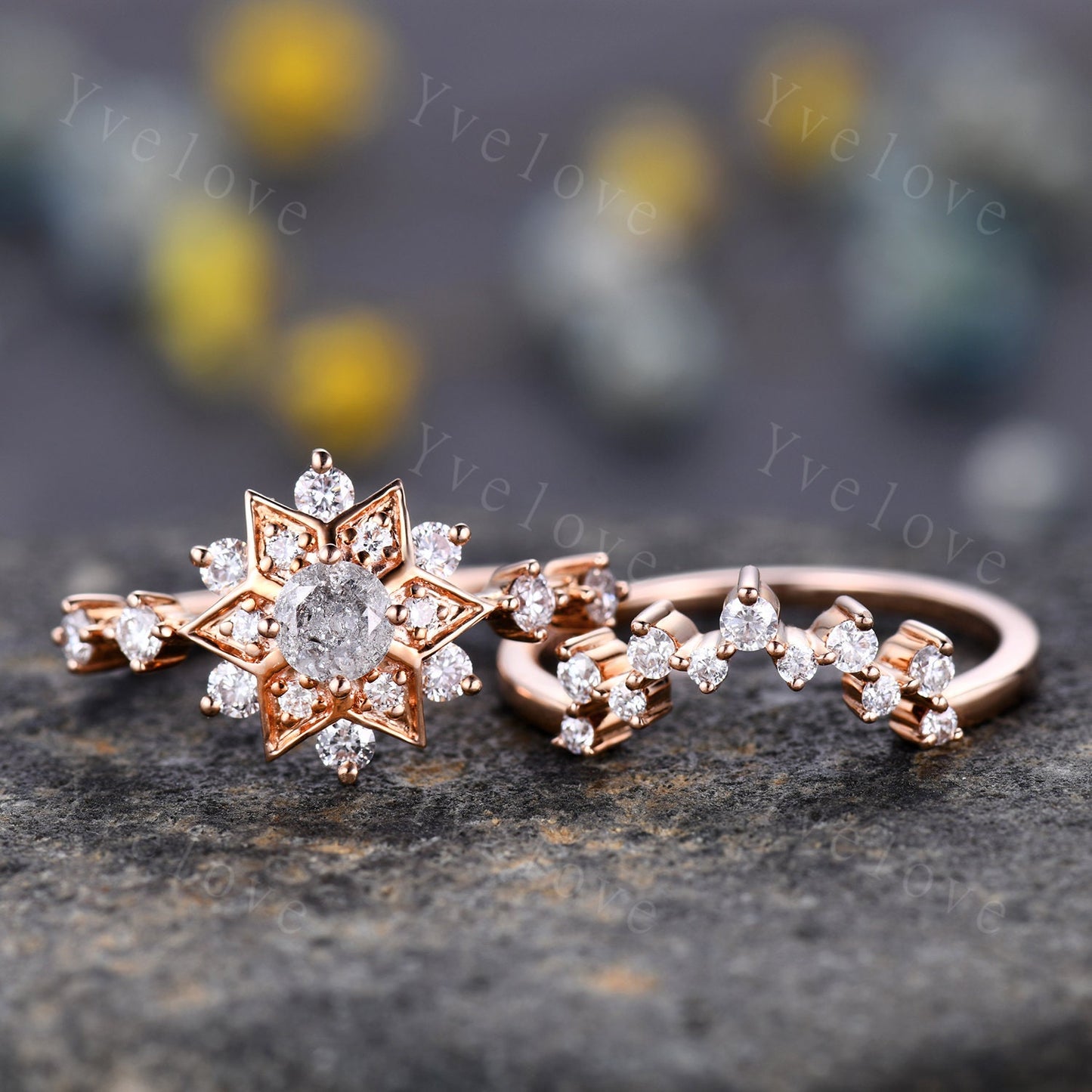 Starry Ring Set,Salt and Pepper Diamond Engagement Ring,Romantic Bridal Promise Rings,Grey Diamond Ring,Moissanite Ring Set,Statement Ring