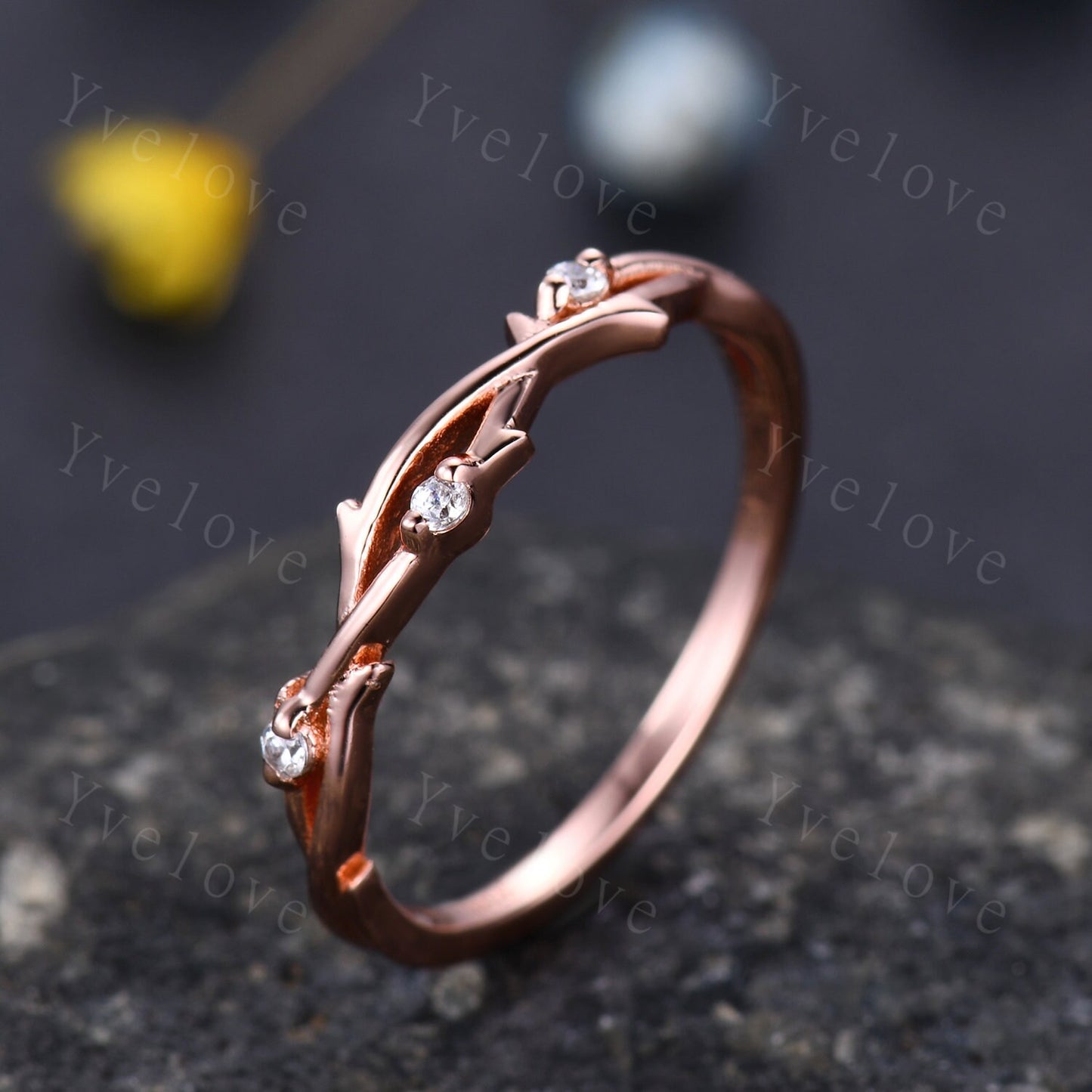 Minimalist Twig Engagement Ring,Twig Matching Band,Women Leaf Diamond Band ,Art Deco Branch Diamond Wedding Band,14k Rose Gold,Twisted Band