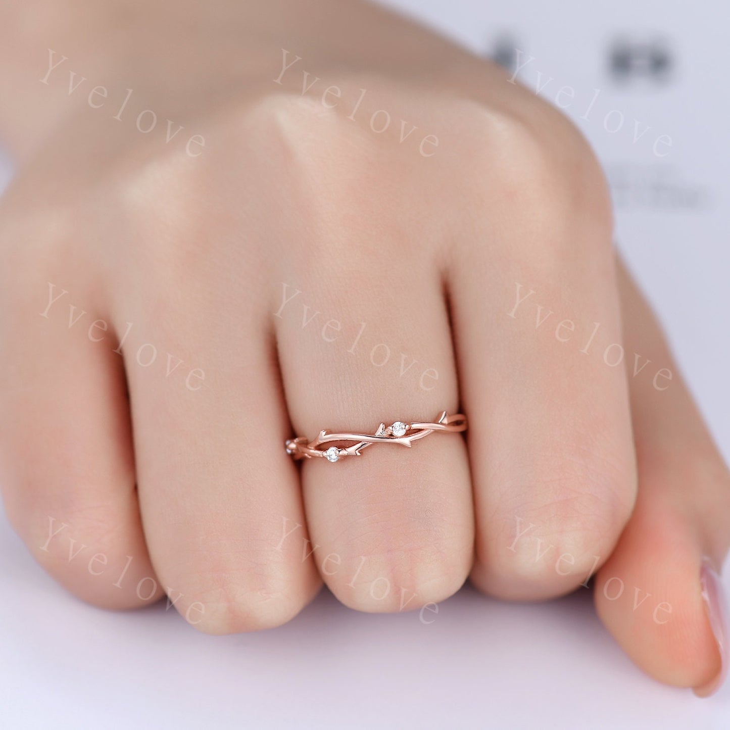 Minimalist Twig Engagement Ring,Twig Matching Band,Women Leaf Diamond Band ,Art Deco Branch Diamond Wedding Band,14k Rose Gold,Twisted Band