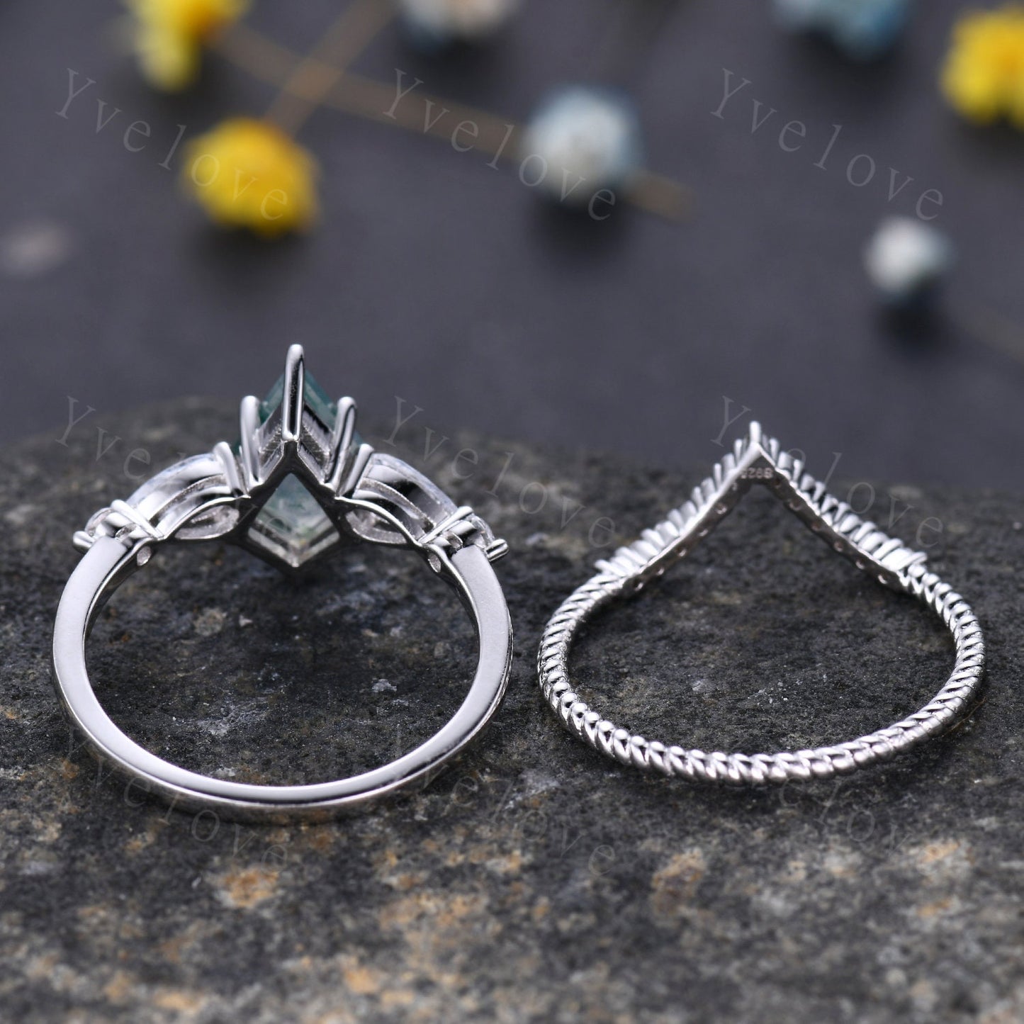 Retro Kite Cut Salt and Pepper Diamond Ring Set,Grey Diamond Engagement Ring,Moissanite Promise Ring,Bridal Anniversary Ring Gift For Her