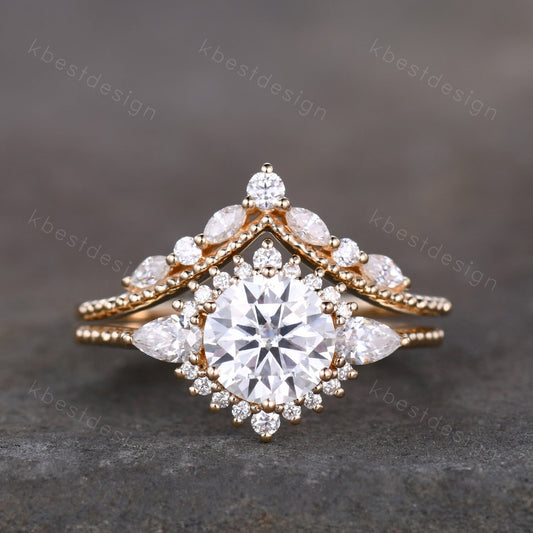 Vintage moissanite engagement ring set unique art deco moissanite bridal set solid gold ring for women moissanite stacking band Gift for her