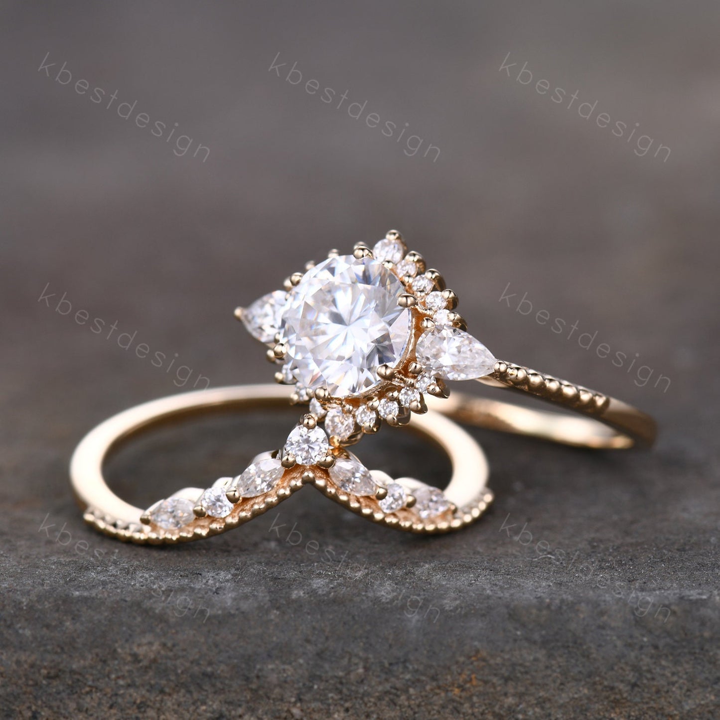 Vintage moissanite engagement ring set unique art deco moissanite bridal set solid gold ring for women moissanite stacking band Gift for her