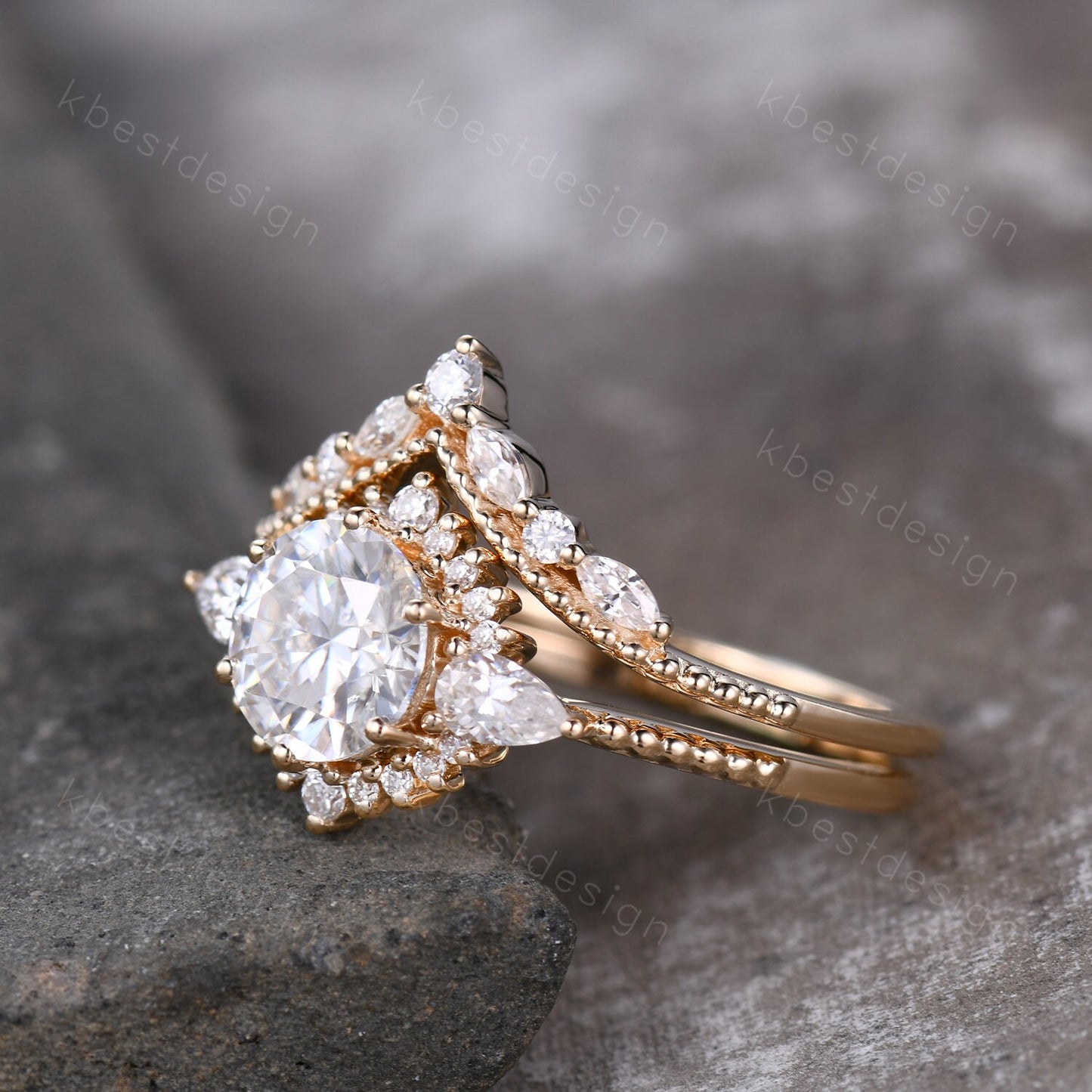 Vintage moissanite engagement ring set unique art deco moissanite bridal set solid gold ring for women moissanite stacking band Gift for her