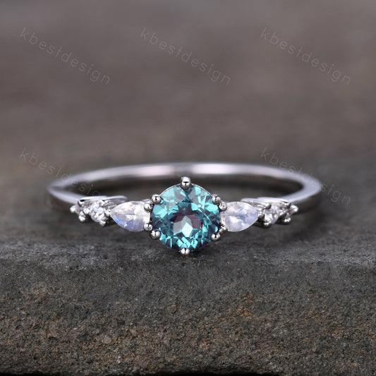 Dainty Alexandrite Engagement Ring Unique Pear Shaped Moonstone Bridal Wedding Ring June Birthstone Ring Sterling Silver Ring Promise Ring