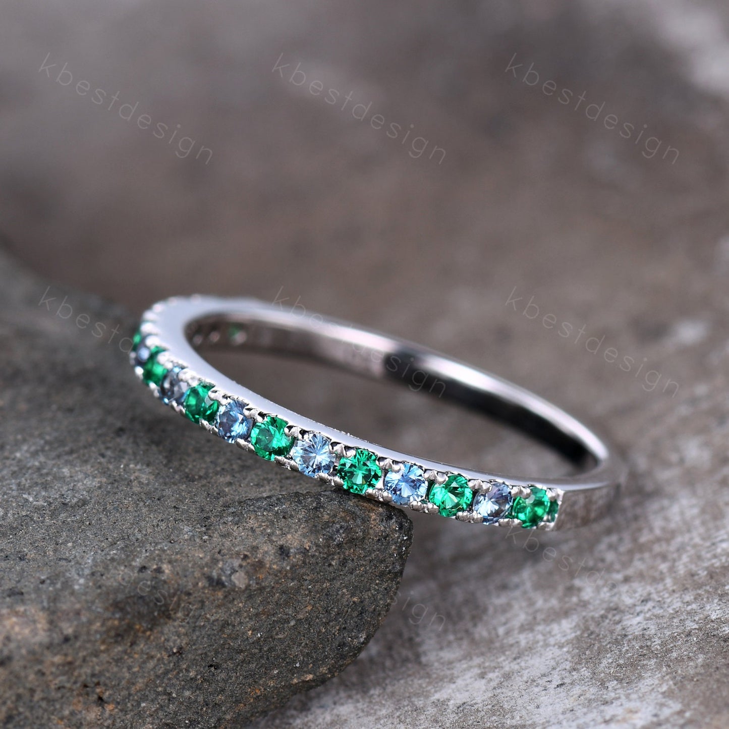 Half Eternity Emerald Alexandrite Wedding Band Dainty Sterling Silver Stacking Matching Band Birthstone Ring Wedding Band Anniversary Ring