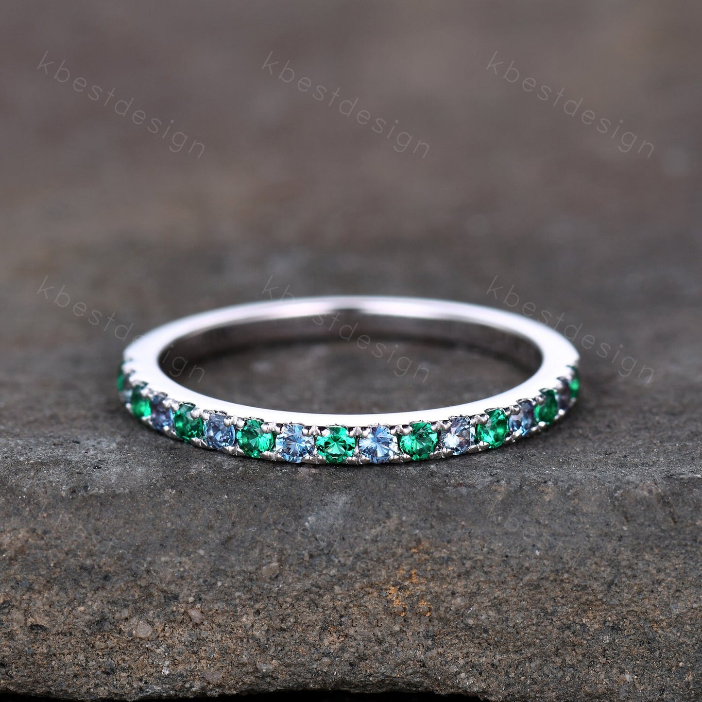 Half Eternity Emerald Alexandrite Wedding Band Dainty Sterling Silver Stacking Matching Band Birthstone Ring Wedding Band Anniversary Ring