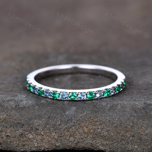 Half Eternity Emerald Alexandrite Wedding Band Dainty Sterling Silver Stacking Matching Band Birthstone Ring Wedding Band Anniversary Ring