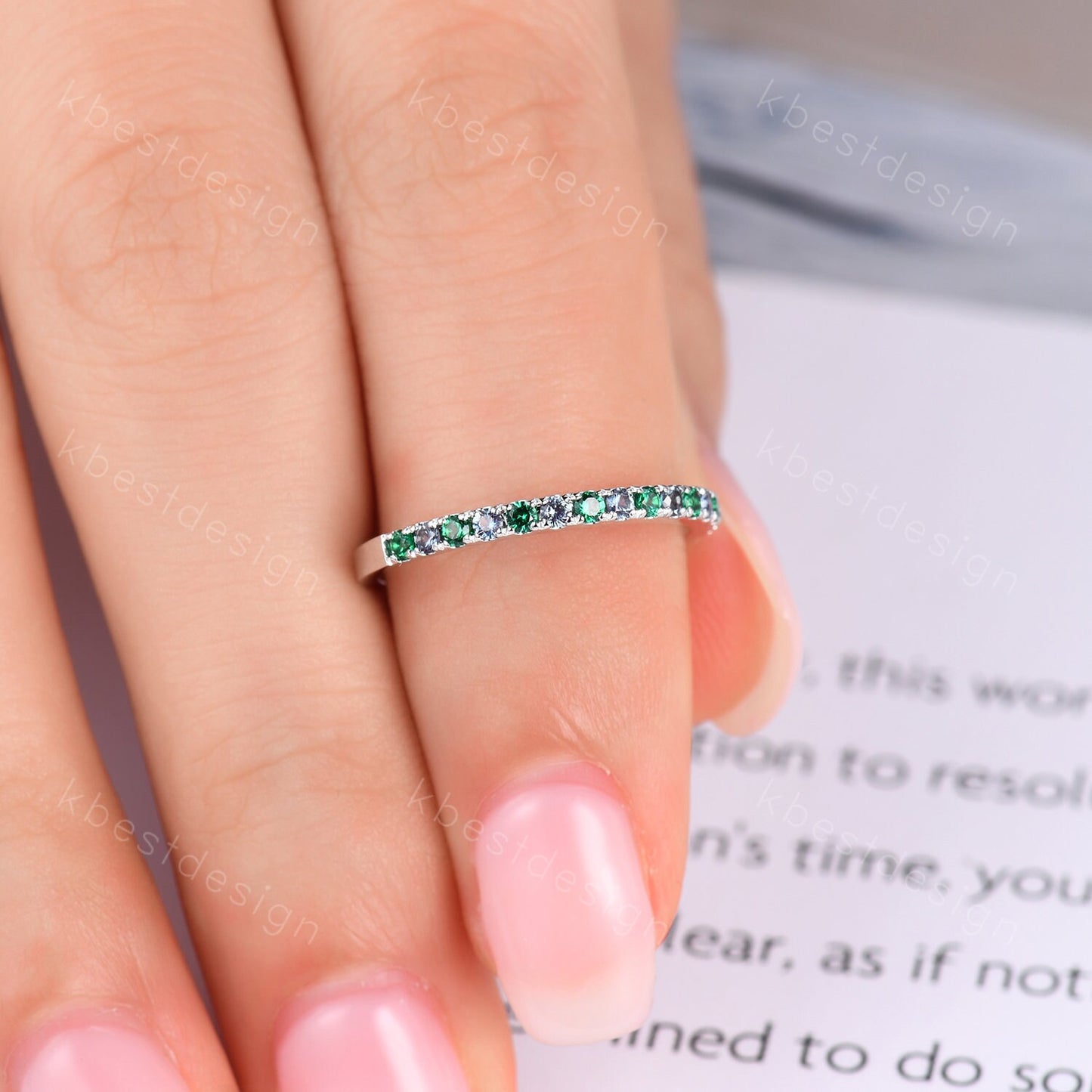 Half Eternity Emerald Alexandrite Wedding Band Dainty Sterling Silver Stacking Matching Band Birthstone Ring Wedding Band Anniversary Ring