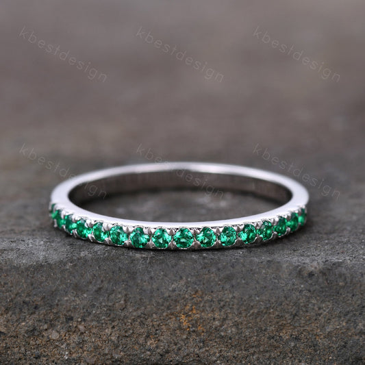 Half Eternity Emerald Wedding Band 925 Sterling Silver Ring May Birthstone Ring Emerald Stacking Matching Band Dainty Ring Anniversary Gift
