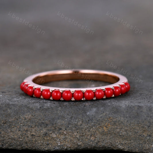 Natural Half Eternity Coral Band, Red Coral Wedding Ring, Dainty Stacking Band, Rose Gold Red Coral Ring, Coral Stone Ring, Anniversary Ring