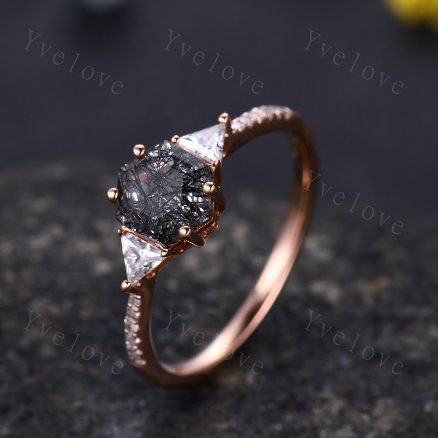 Hexagon Cut Black Rutilated Quartz Engagement Ring,Vingate Bridal Ring,925 Silver,Gothic Ring,Anniversary Wedding Ring Birthday Gift for Her