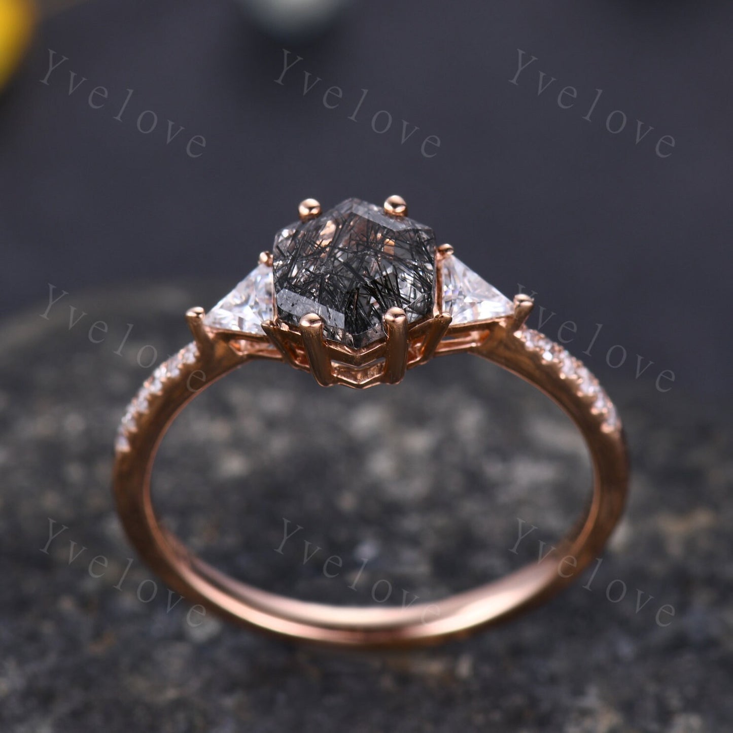 Hexagon Cut Black Rutilated Quartz Engagement Ring,Vingate Bridal Ring,925 Silver,Gothic Ring,Anniversary Wedding Ring Birthday Gift for Her