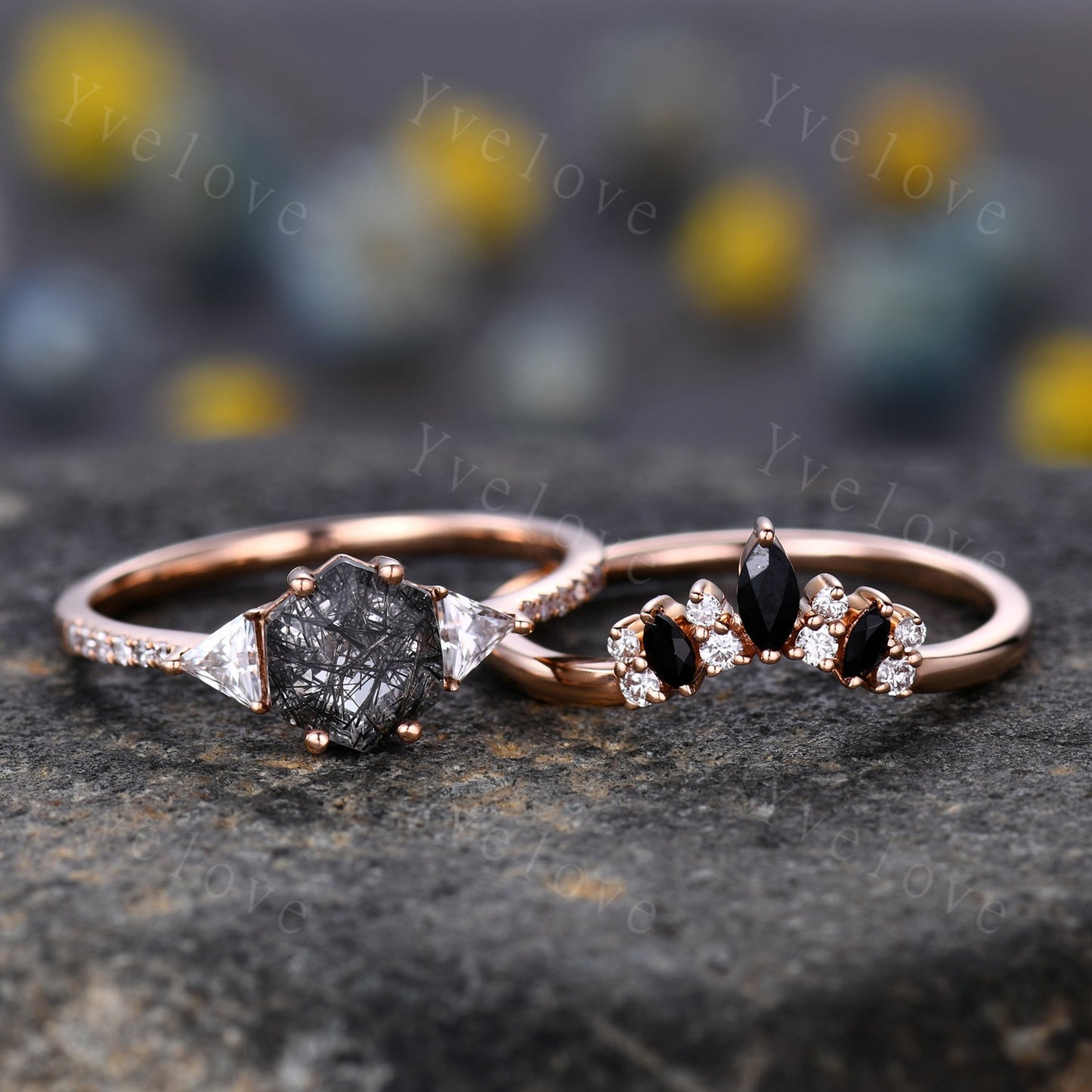 Hexagon Cut Black Rutilated Quartz Engagement Ring,Vingate Bridal Ring,925 Silver,Gothic Ring,Anniversary Wedding Ring Birthday Gift for Her