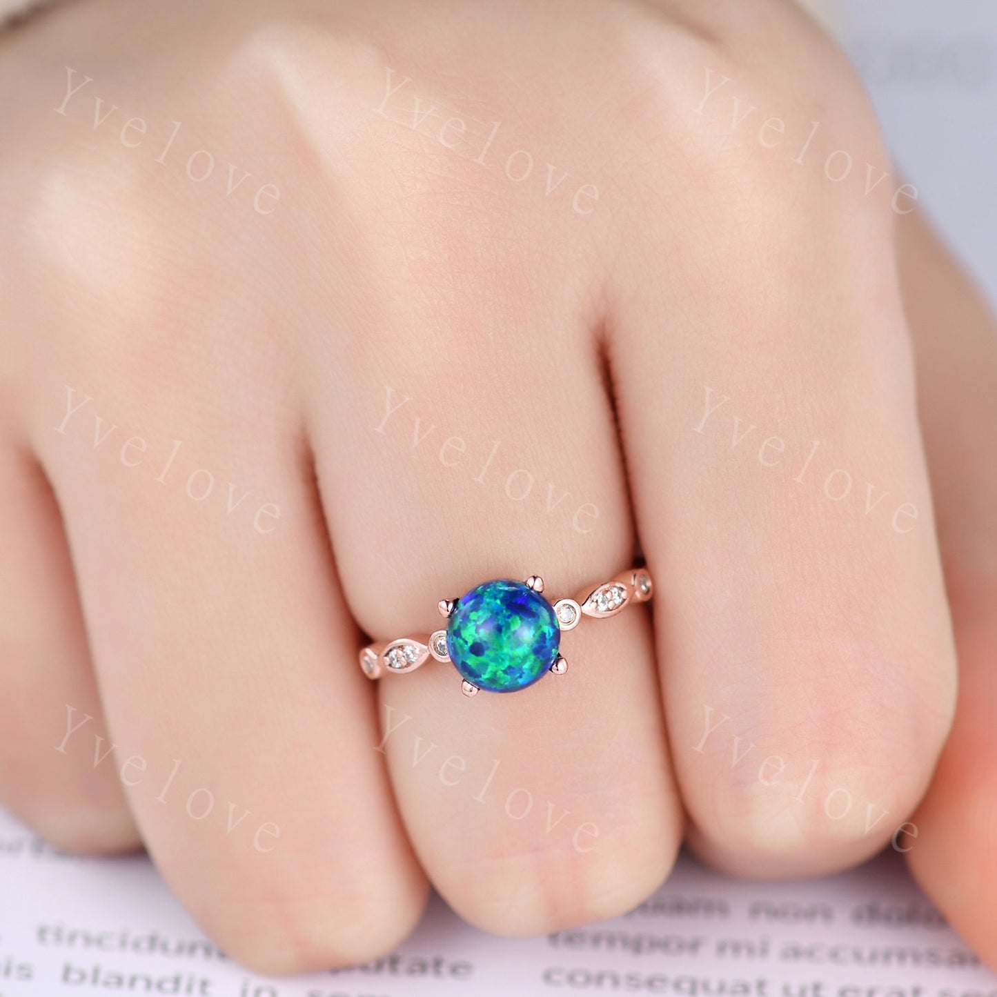7mm Vintage Black Opal Engagement Ring,Art Deco Ring,Diamond Milgrain Band,Women Bridal Ring Set,Anniversary Jewelry October Birthstone Gift