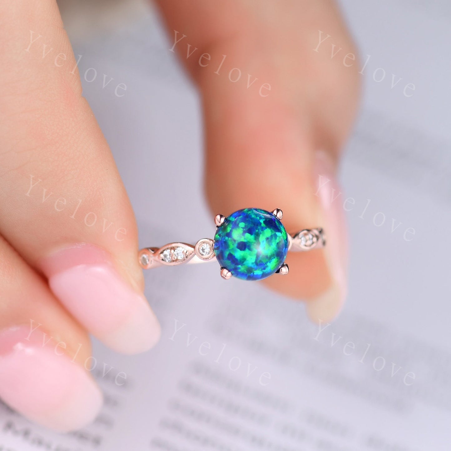 7mm Vintage Black Opal Engagement Ring,Art Deco Ring,Diamond Milgrain Band,Women Bridal Ring Set,Anniversary Jewelry October Birthstone Gift