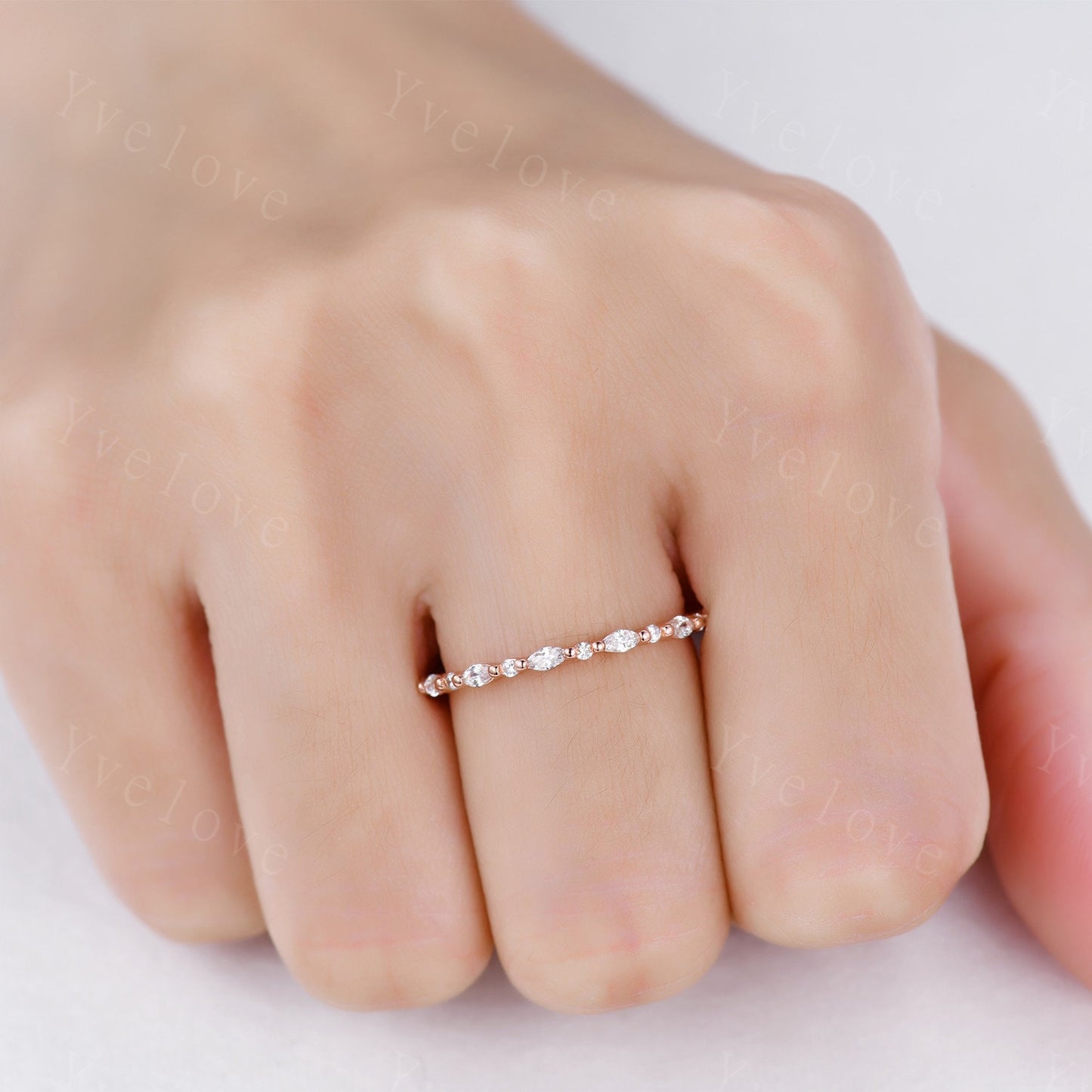 Unique Rose gold wedding band,Full eternity Moissanite wedding band,Women vintage Marquise cut Moissanite stacking matching band Bridal Ring