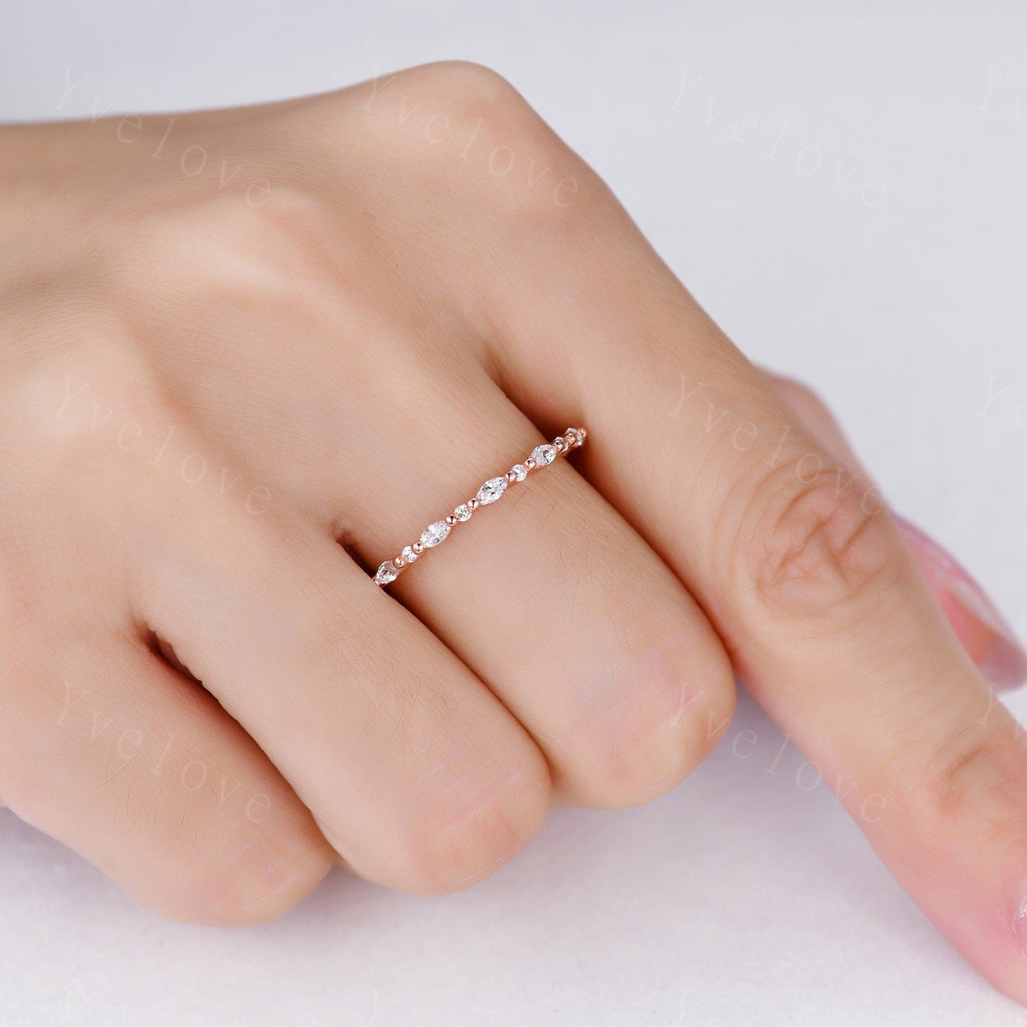 Unique Rose gold wedding band,Full eternity Moissanite wedding band,Women vintage Marquise cut Moissanite stacking matching band Bridal Ring