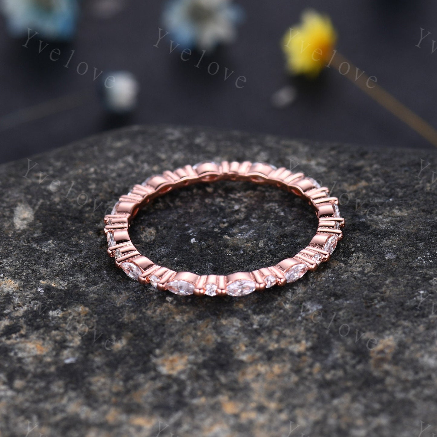 Unique Rose gold wedding band,Full eternity Moissanite wedding band,Women vintage Marquise cut Moissanite stacking matching band Bridal Ring