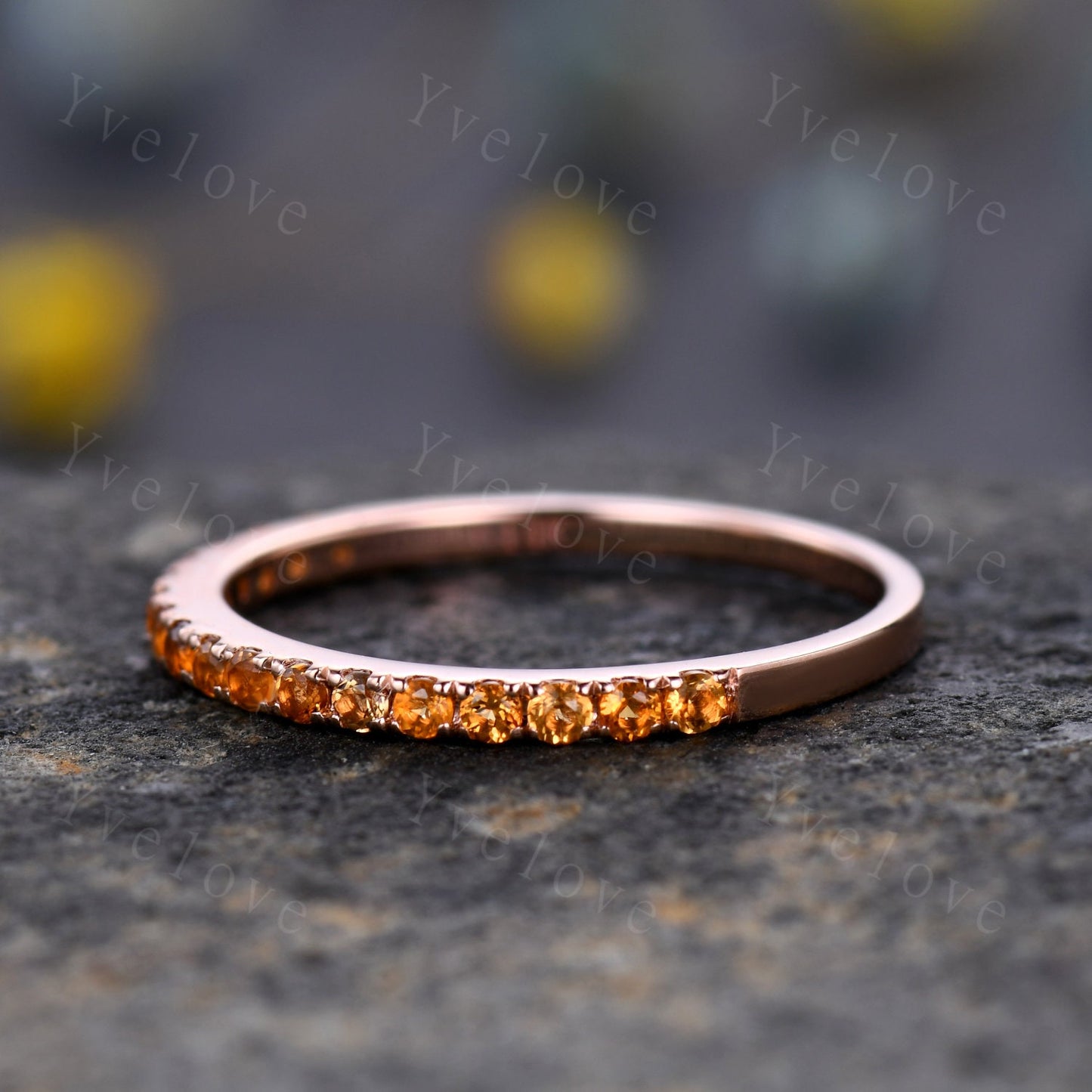 Danity citrine wedding ring 14k black gold wedding band half eternity black band citrine matching stacking ring anniversary gift for women