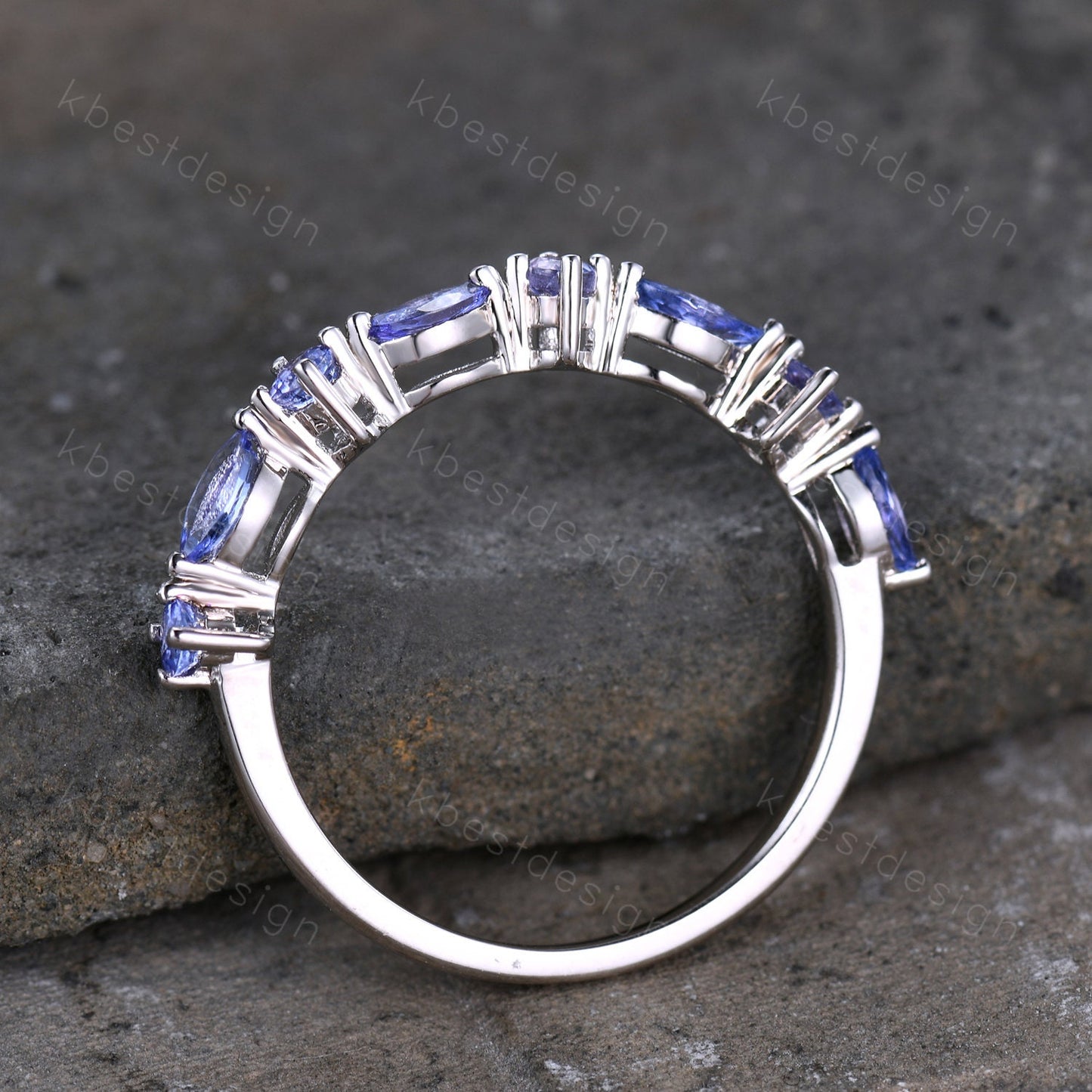 Art Deco Vintage Tanzanite Wedding Band/ Round and Marquise Band/ Half Eternity Stackable Band/ Sterling Silver Ring/ Tanzanite Ring