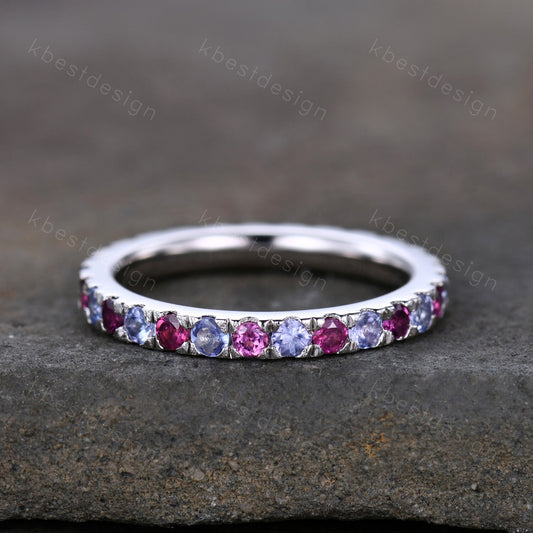 Eternity Band, Tanzanite Eternity Wedding Band, Tanzanite and Pink Tourmaline Wedding Band, Stacking Ring, Matching Band, Anniversary Ring