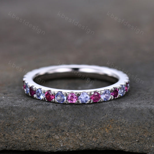 Eternity Band, Tanzanite Eternity Wedding Band, Tanzanite and Pink Tourmaline Wedding Band, Stacking Ring, Matching Band, Anniversary Ring
