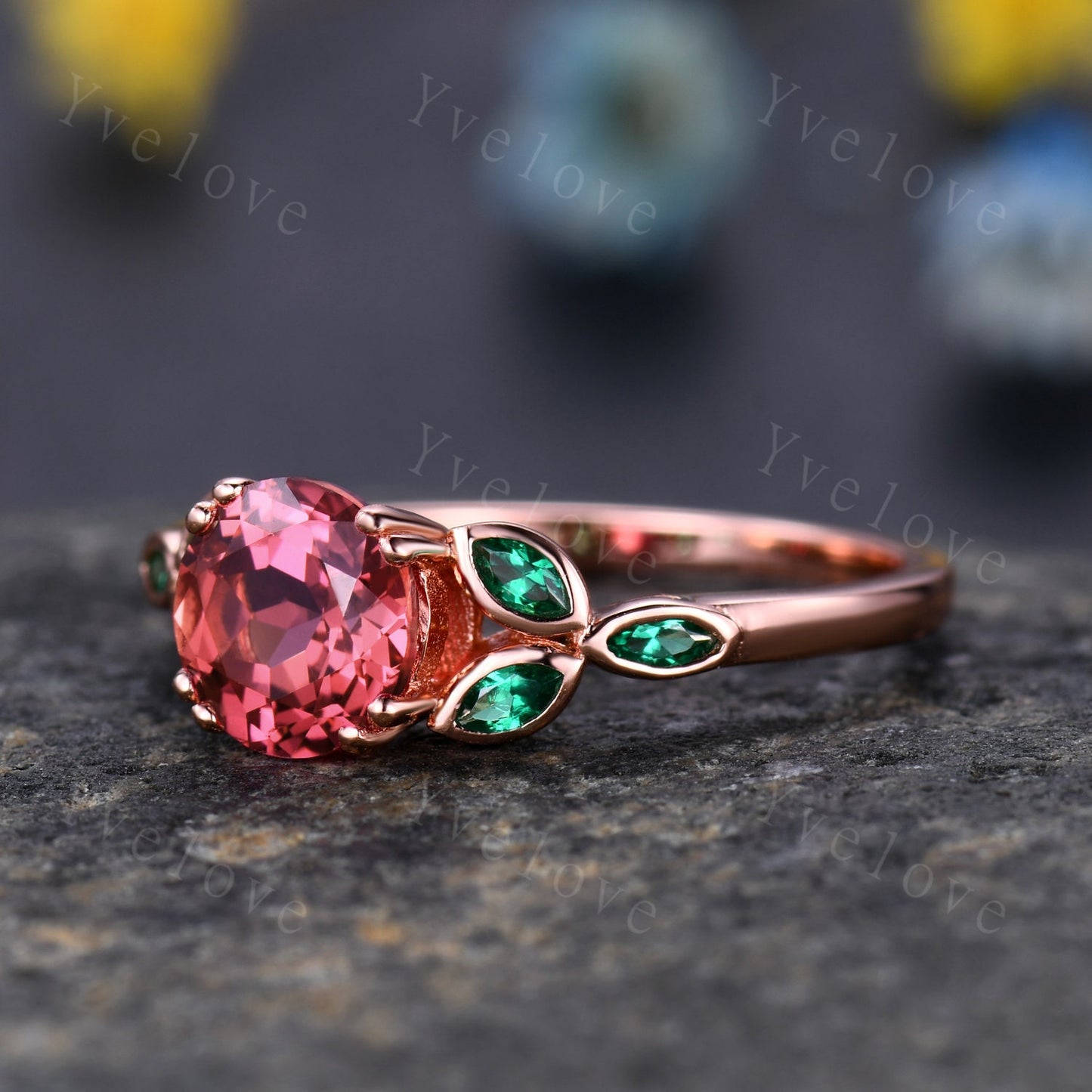 7mm round shaped Padparadscha sapphire engagement ring,Unique sapphire emerald ring,Marquise emerald,gold ring,Promise ring,Anniversary gift