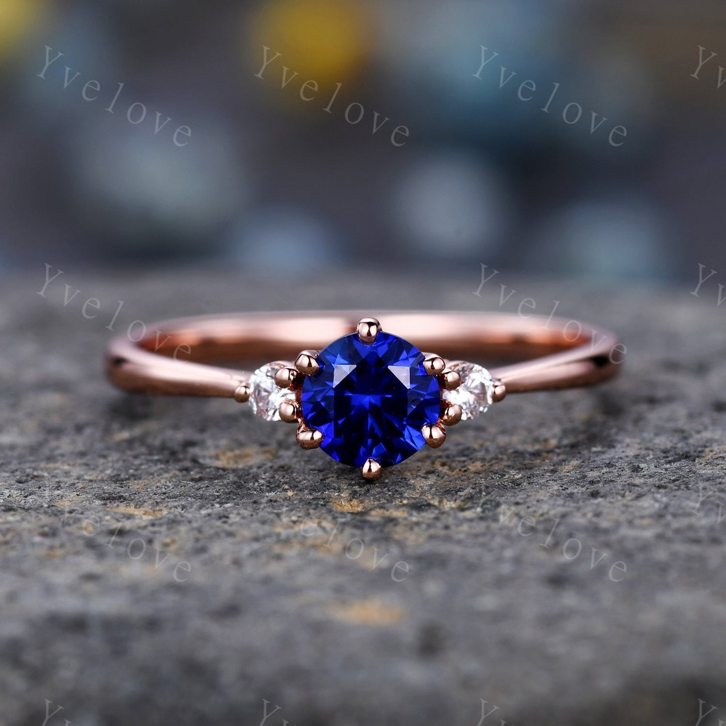 Blue sapphire ring set diamond engagement ring white gold eternity opal curved stacking matching band promise jewelry September birthstone