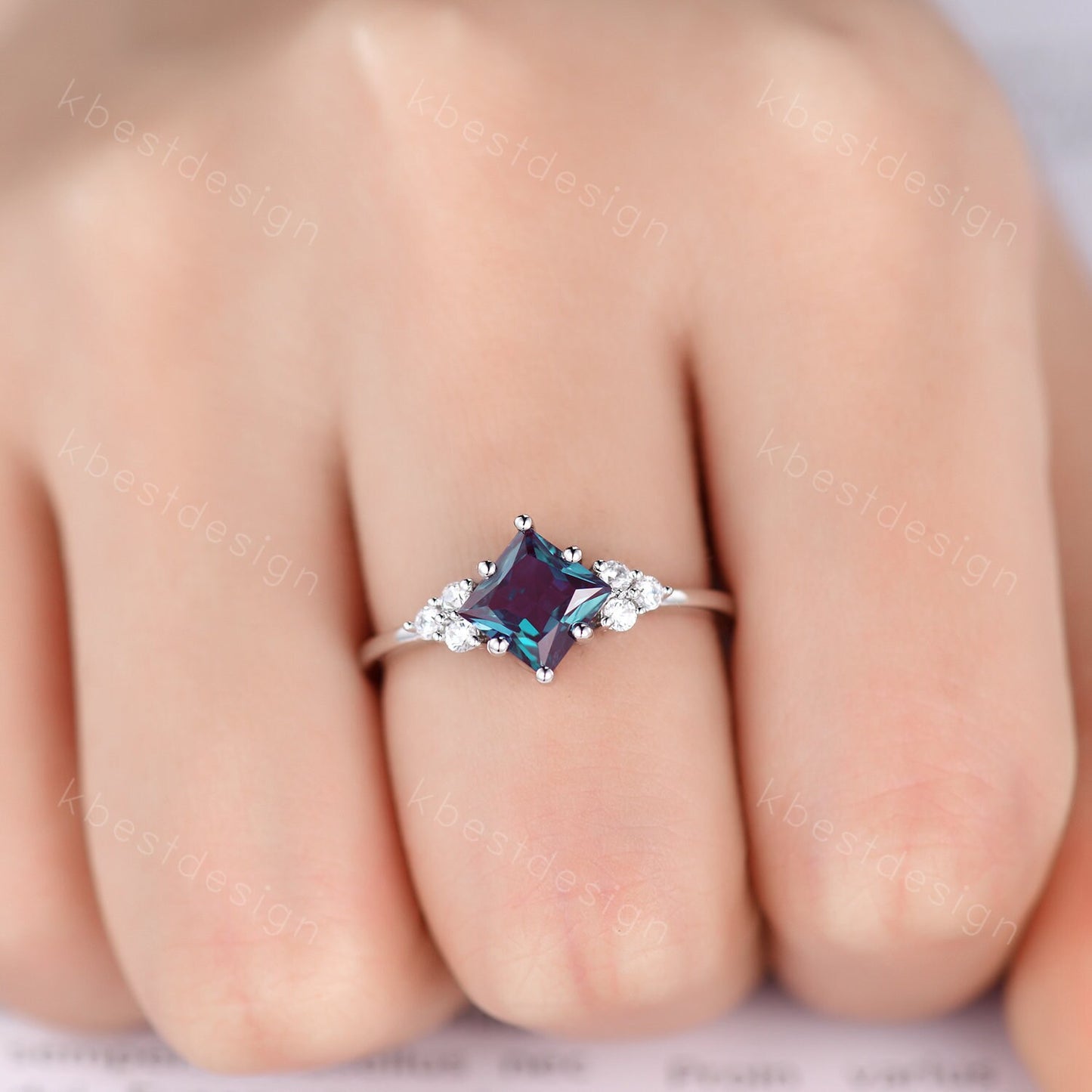 Vintage Princess Cut Alexandrite Engagement Ring Sterling Silver Ring Unique Diamond Cluster Wedding Ring Bridal Promise Ring Anniversary