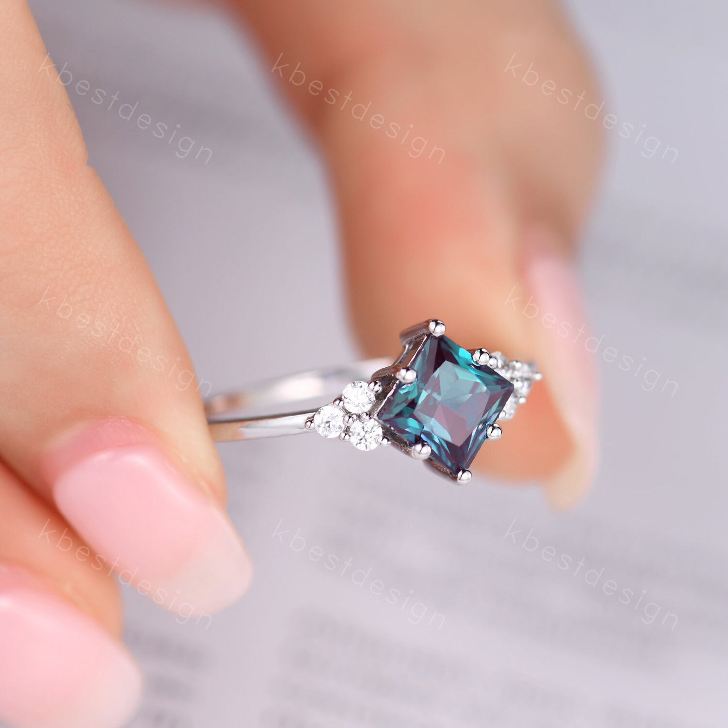 Vintage Princess Cut Alexandrite Engagement Ring Sterling Silver Ring Unique Diamond Cluster Wedding Ring Bridal Promise Ring Anniversary