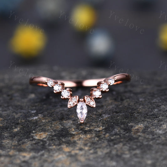 Art Deco Wedding Band Curve Wedding Band with Moissanite/Man Made Diamonds Stackable Anniversary Ring V Chevron Ring Gift Sterling Silver