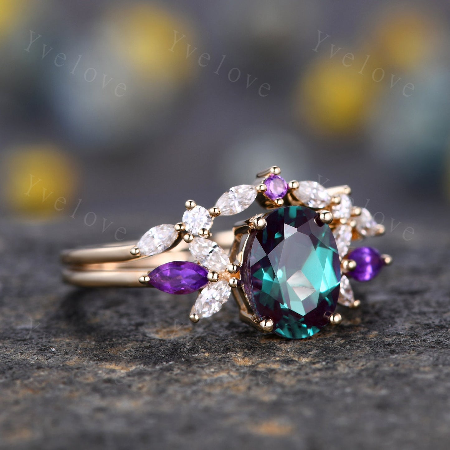 Vintage Alexandrite Engagement Ring Set 14K Gold Women Moissanite Amethyst Gem Matching Band Promise Bridal Stacking Ring Set Gift For Her