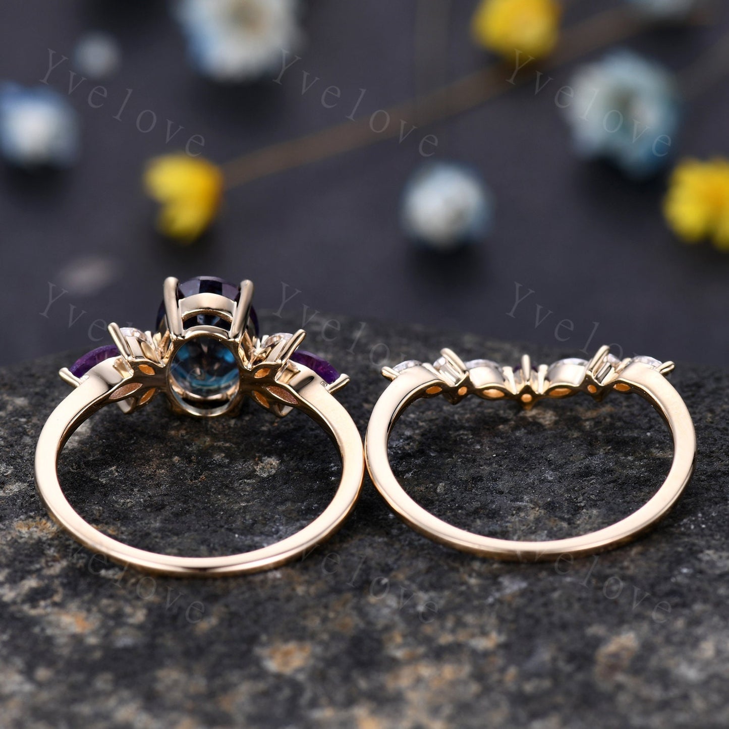 Vintage Alexandrite Engagement Ring Set 14K Gold Women Moissanite Amethyst Gem Matching Band Promise Bridal Stacking Ring Set Gift For Her